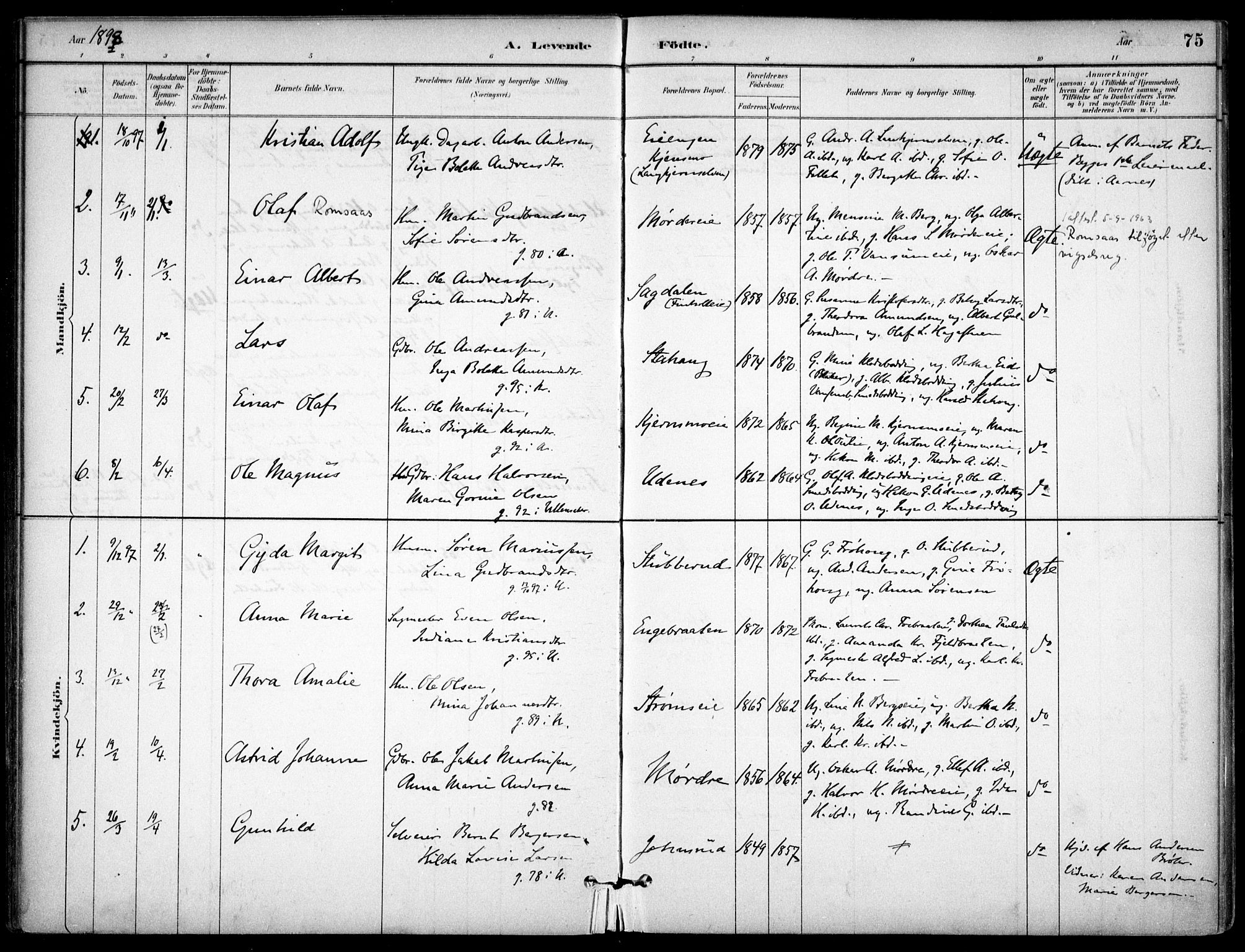 Nes prestekontor Kirkebøker, SAO/A-10410/F/Fc/L0002: Parish register (official) no. IIi 2, 1882-1916, p. 75