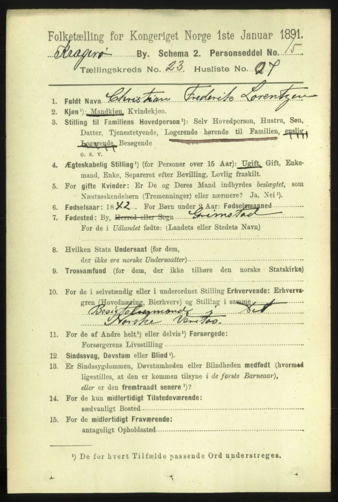 RA, 1891 census for 0801 Kragerø, 1891, p. 4976