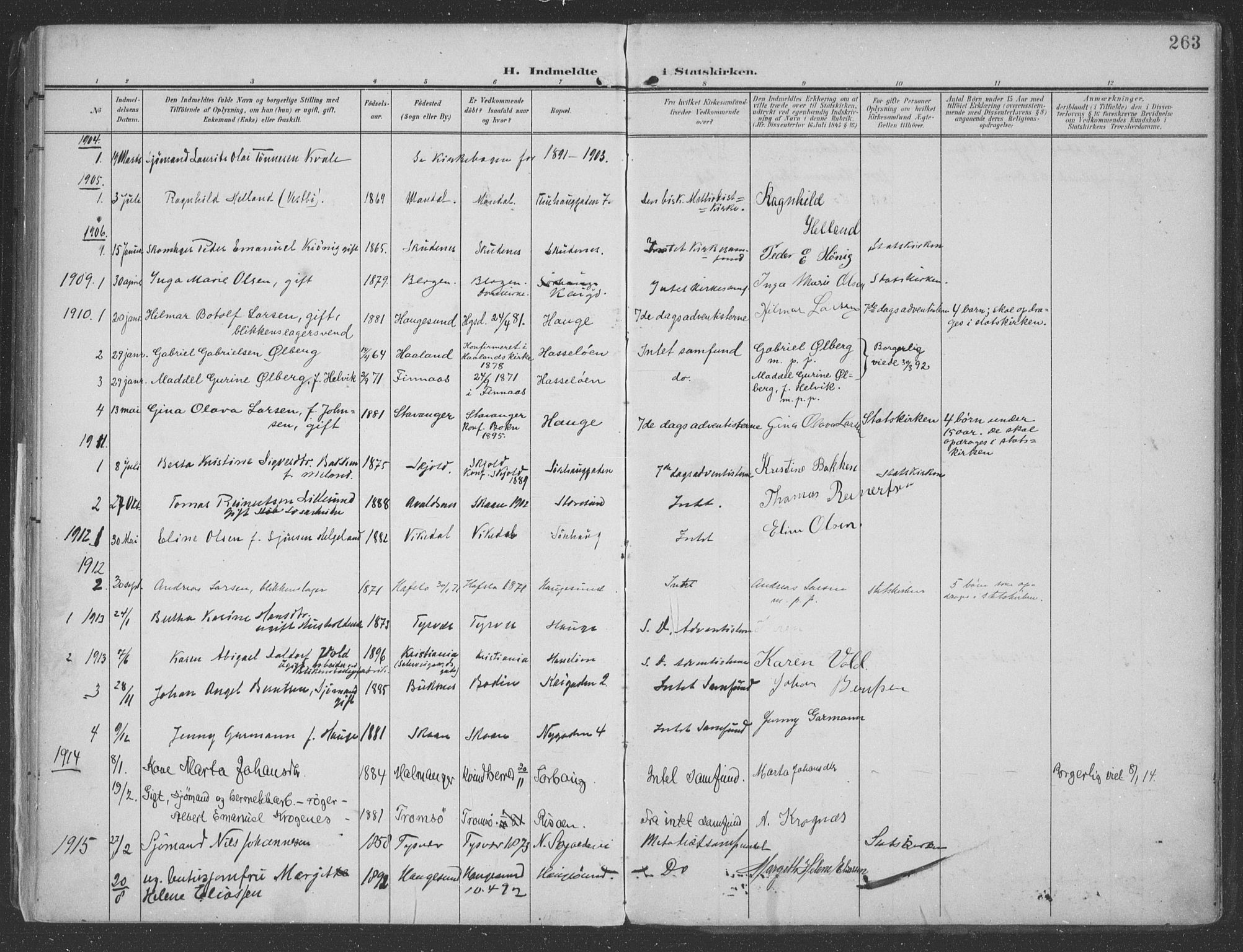 Haugesund sokneprestkontor, AV/SAST-A -101863/H/Ha/Haa/L0007: Parish register (official) no. A 7, 1904-1916, p. 263