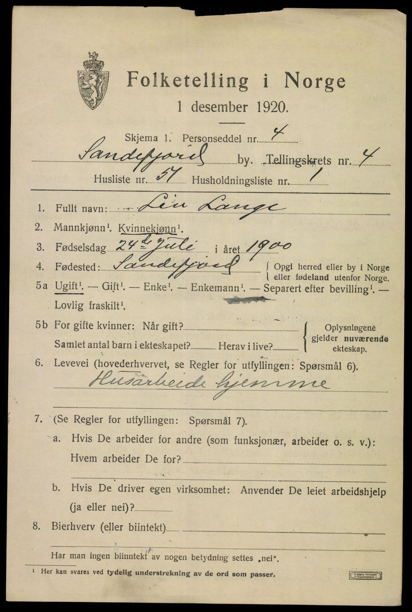 SAKO, 1920 census for Sandefjord, 1920, p. 8410