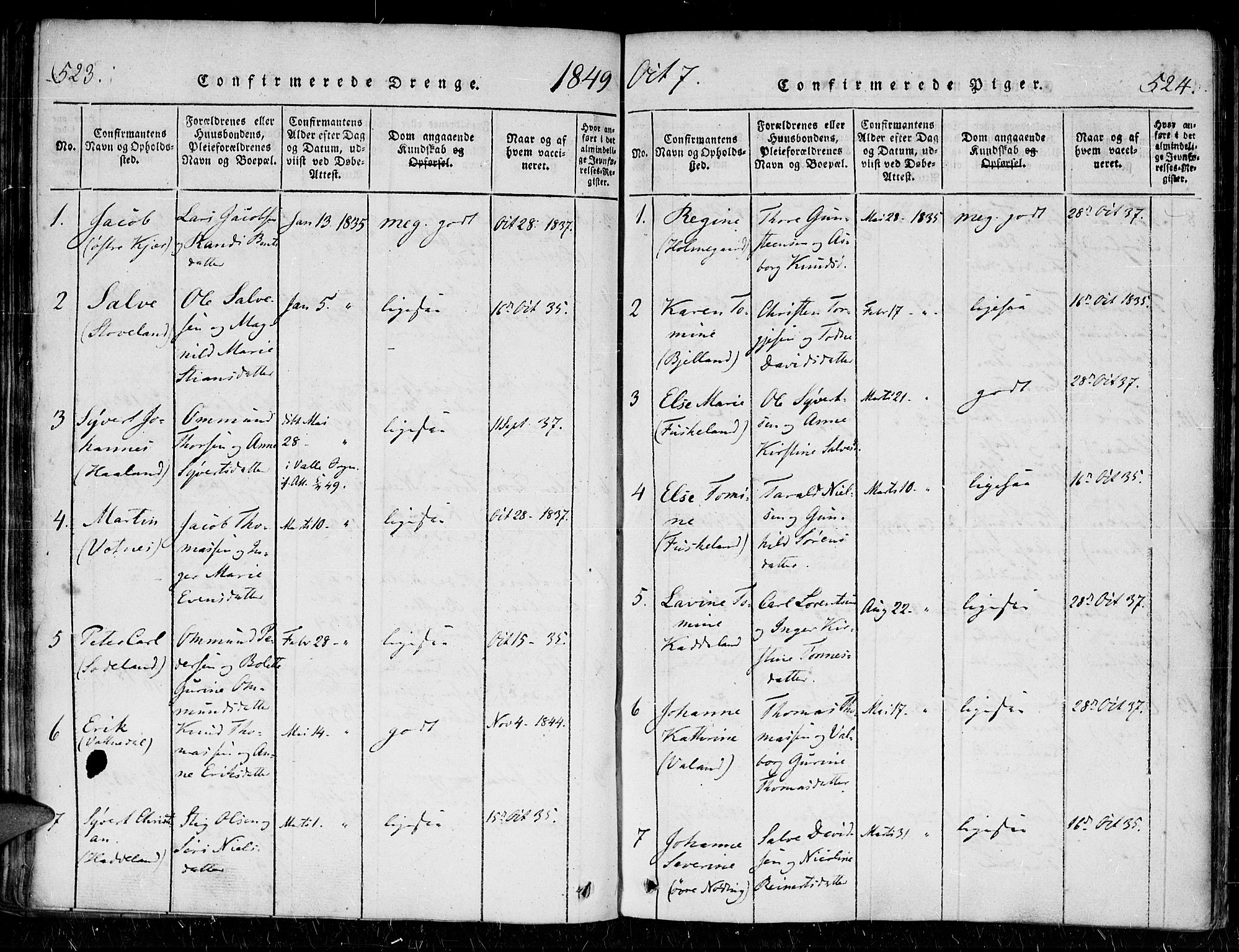 Holum sokneprestkontor, AV/SAK-1111-0022/F/Fa/Faa/L0004: Parish register (official) no. A 4, 1820-1849, p. 523-524