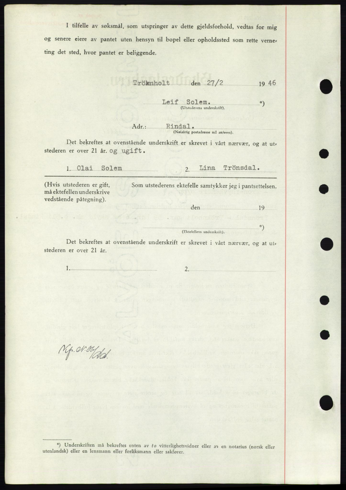 Nordmøre sorenskriveri, AV/SAT-A-4132/1/2/2Ca: Mortgage book no. B93b, 1946-1946, Diary no: : 538/1946