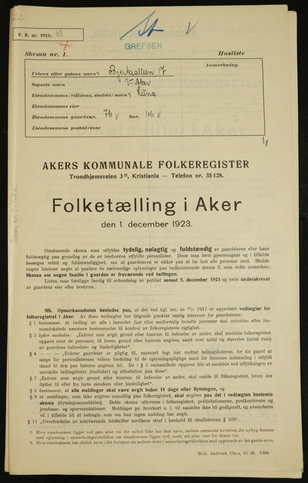 , Municipal Census 1923 for Aker, 1923, p. 7826