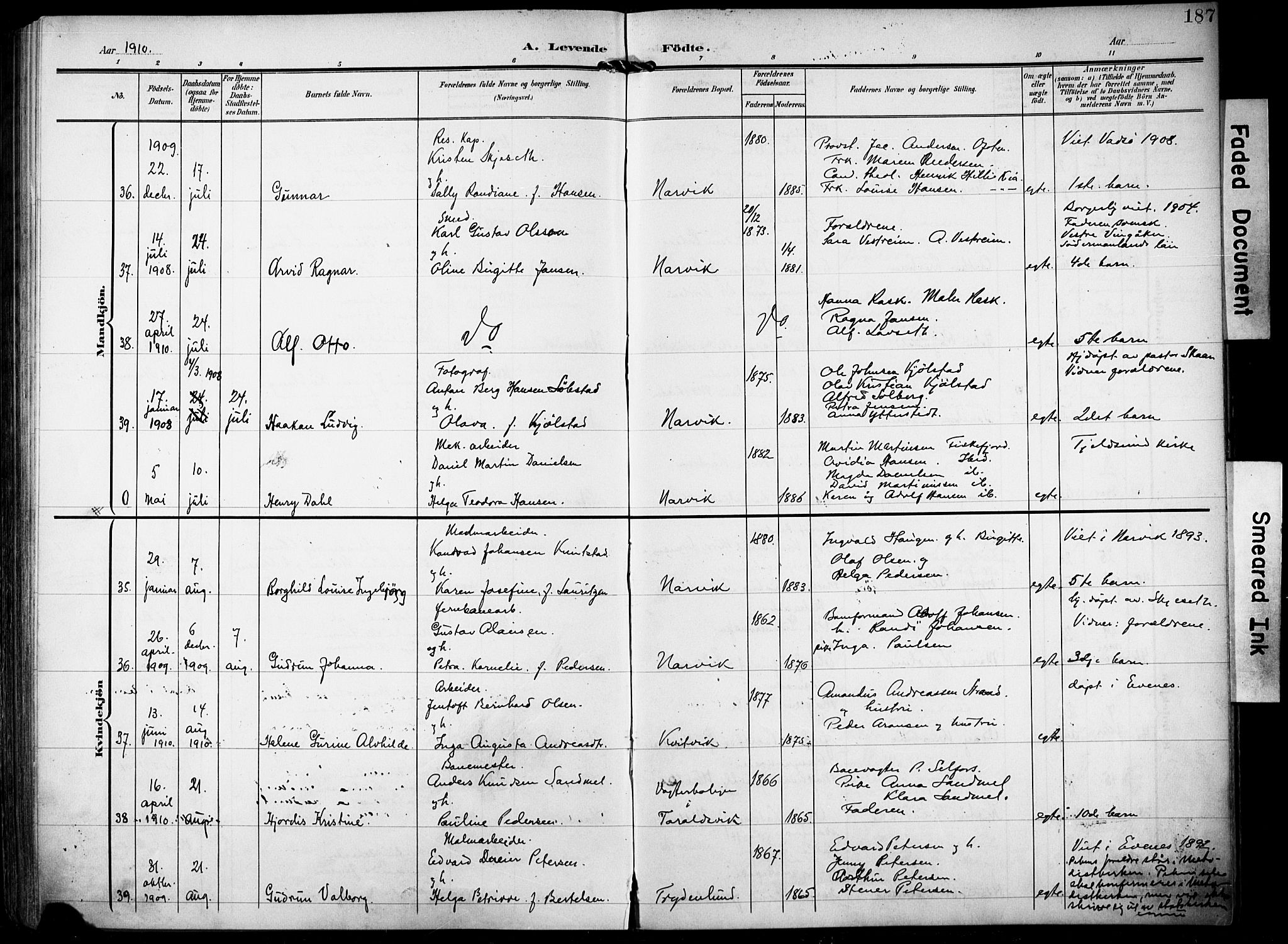 Ministerialprotokoller, klokkerbøker og fødselsregistre - Nordland, SAT/A-1459/871/L0994: Parish register (official) no. 871A10, 1902-1910, p. 187