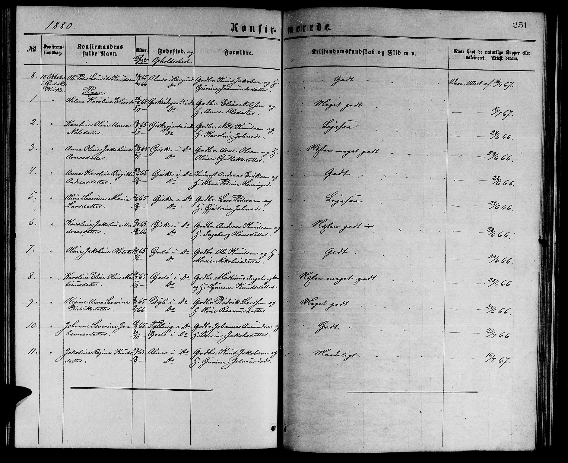 Ministerialprotokoller, klokkerbøker og fødselsregistre - Møre og Romsdal, AV/SAT-A-1454/528/L0429: Parish register (copy) no. 528C10, 1872-1886, p. 251