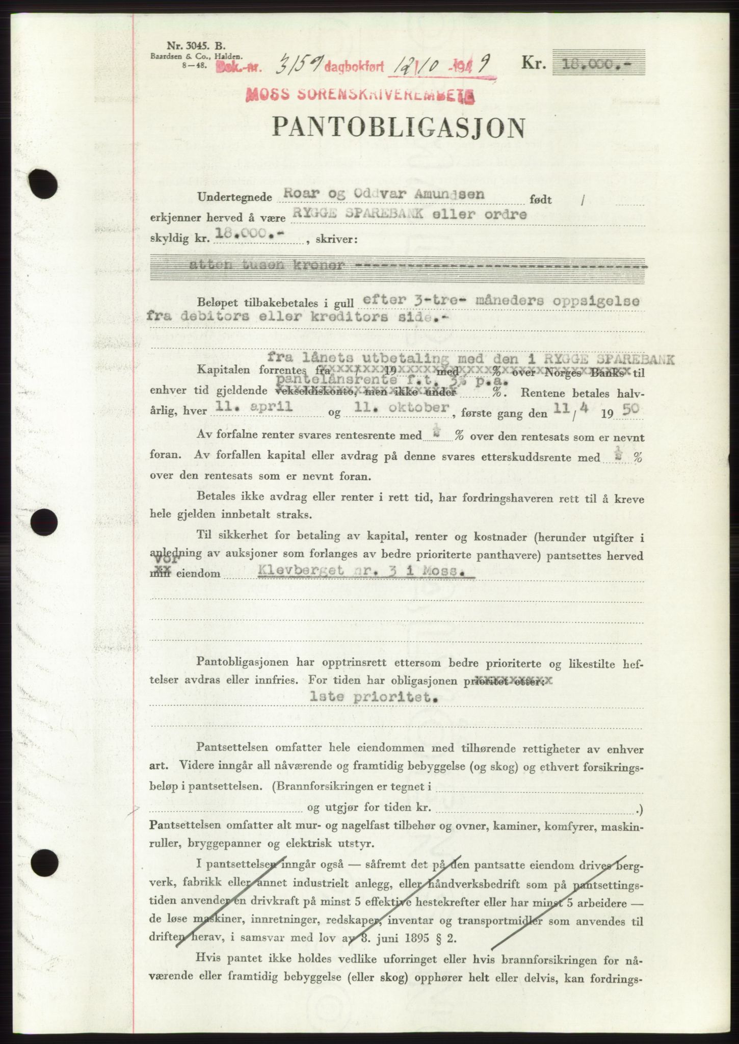 Moss sorenskriveri, SAO/A-10168: Mortgage book no. B23, 1949-1950, Diary no: : 3159/1949