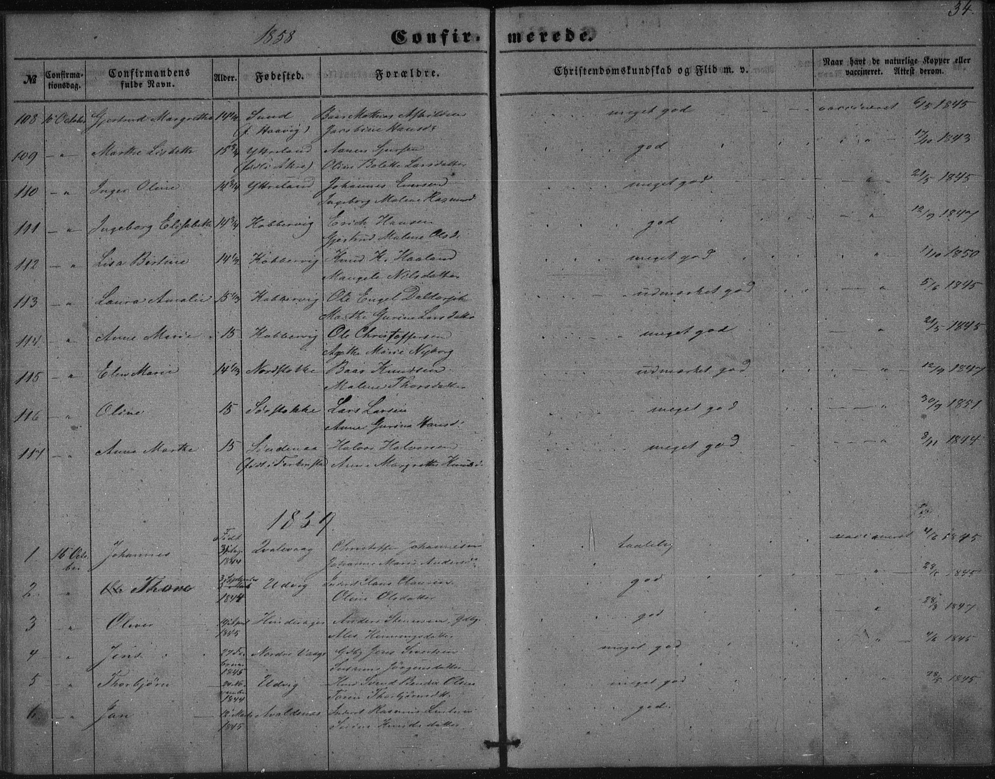 Avaldsnes sokneprestkontor, SAST/A -101851/H/Ha/Haa/L0009: Parish register (official) no. A 9, 1853-1865, p. 34
