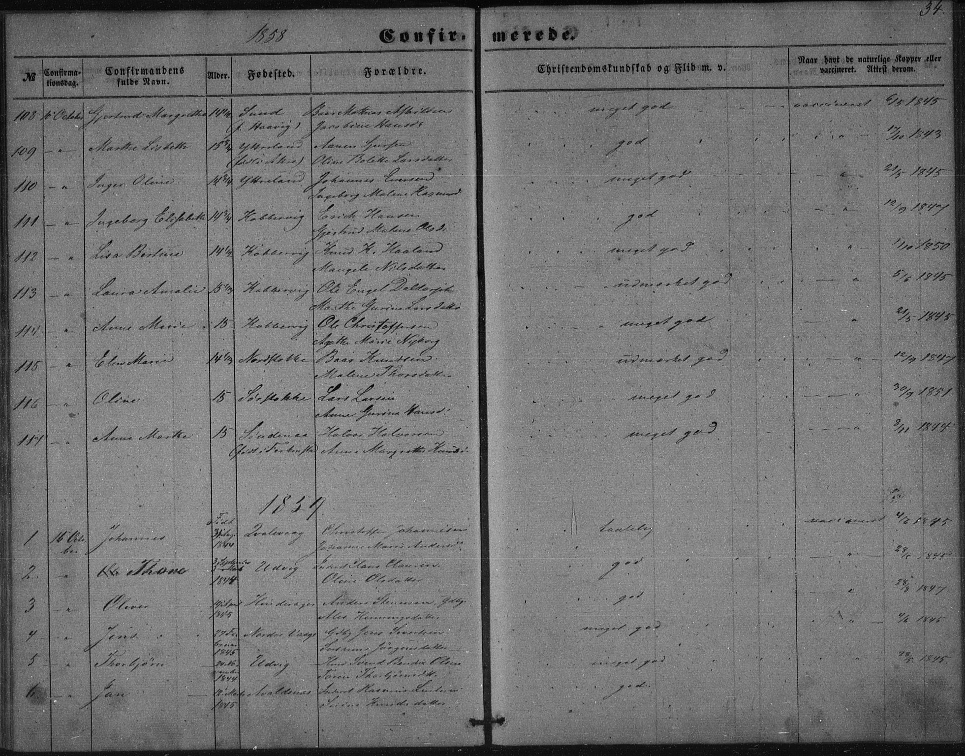 Avaldsnes sokneprestkontor, AV/SAST-A -101851/H/Ha/Haa/L0009: Parish register (official) no. A 9, 1853-1865, p. 34