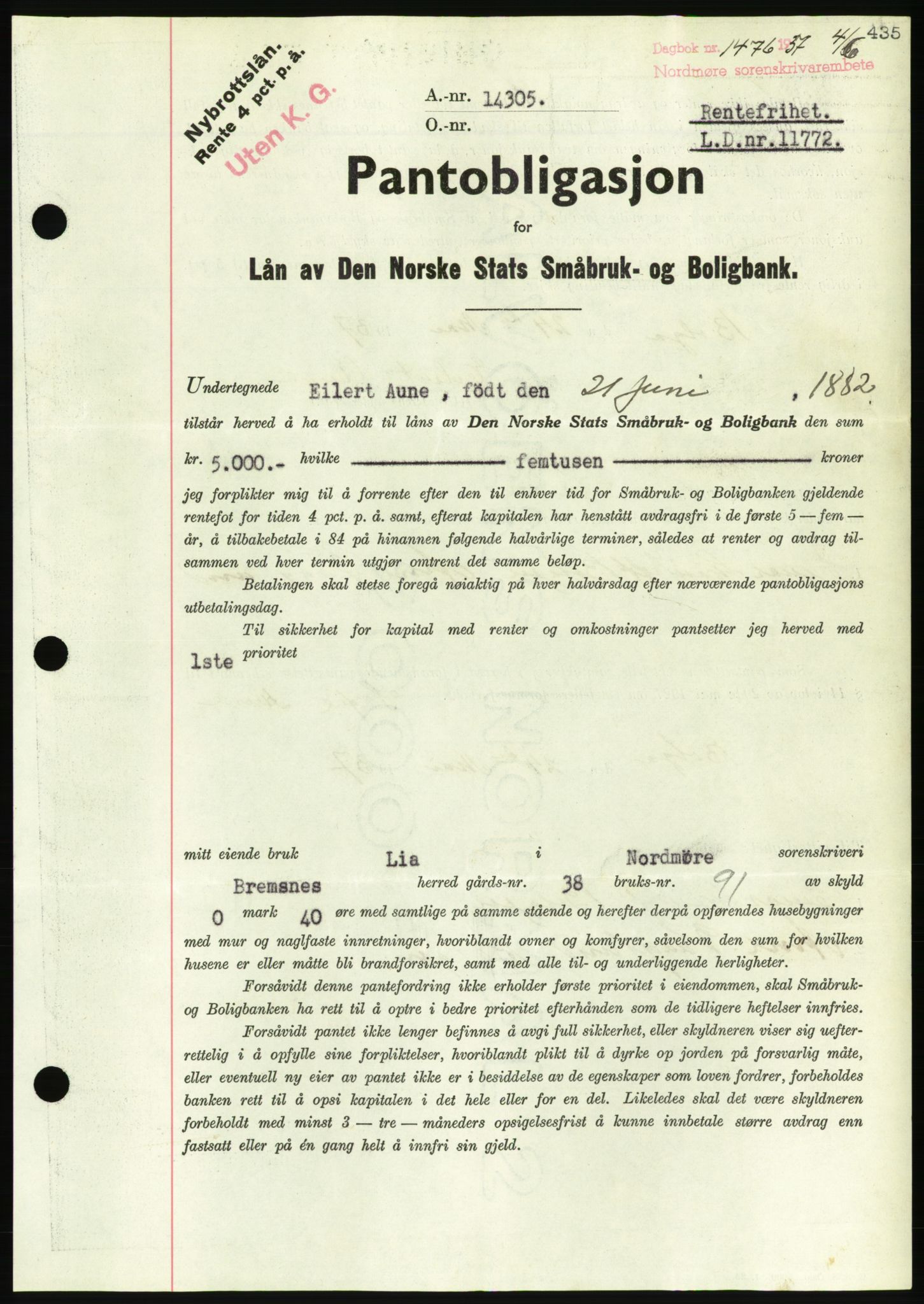 Nordmøre sorenskriveri, AV/SAT-A-4132/1/2/2Ca/L0091: Mortgage book no. B81, 1937-1937, Diary no: : 1476/1937