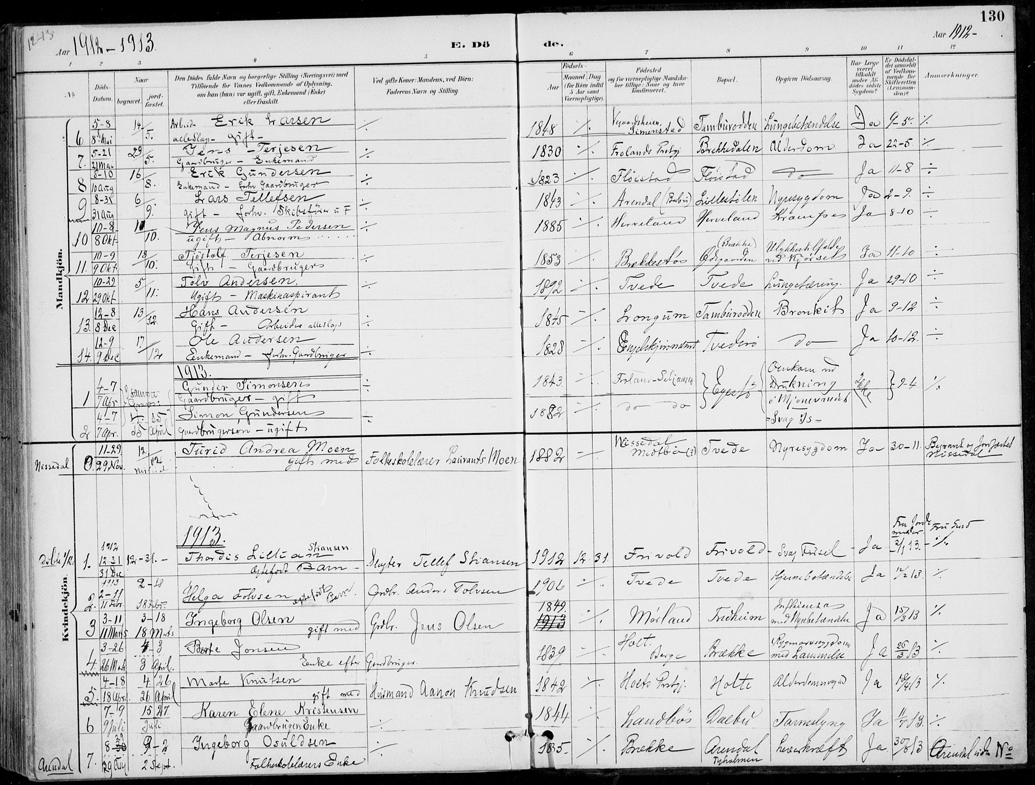 Austre Moland sokneprestkontor, AV/SAK-1111-0001/F/Fa/Faa/L0011: Parish register (official) no. A 11, 1894-1915, p. 130