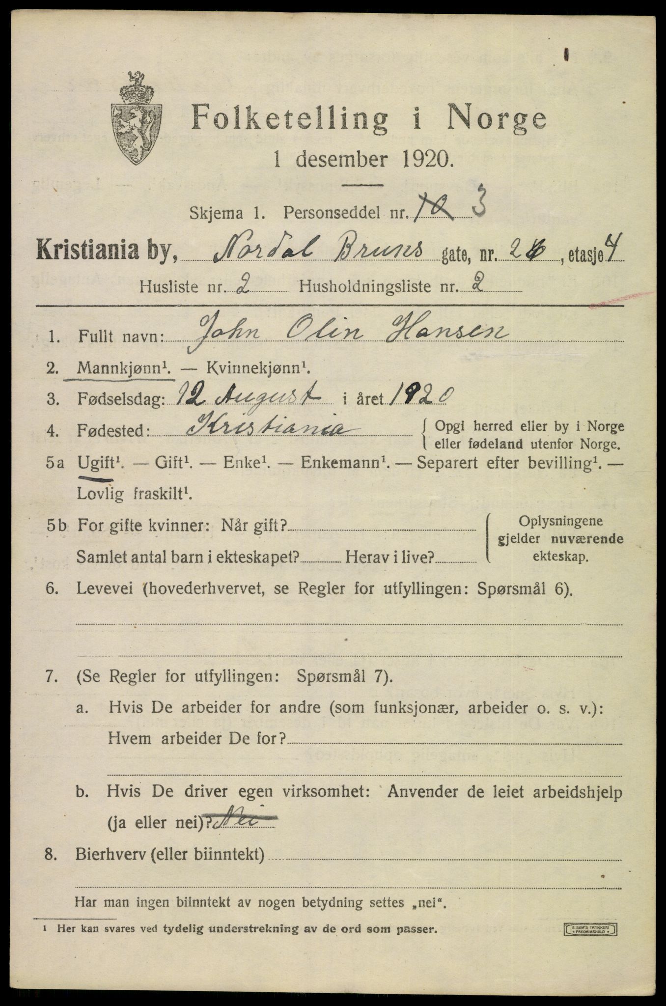 SAO, 1920 census for Kristiania, 1920, p. 422101