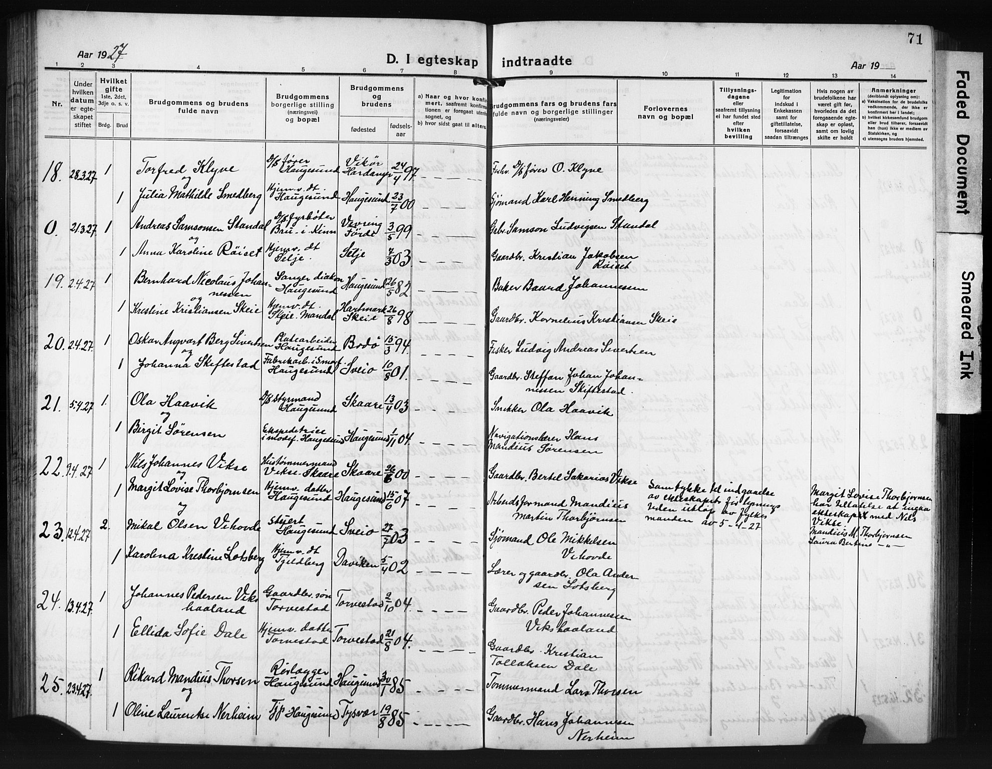 Haugesund sokneprestkontor, AV/SAST-A -101863/H/Ha/Hab/L0010: Parish register (copy) no. B 10, 1920-1931, p. 71