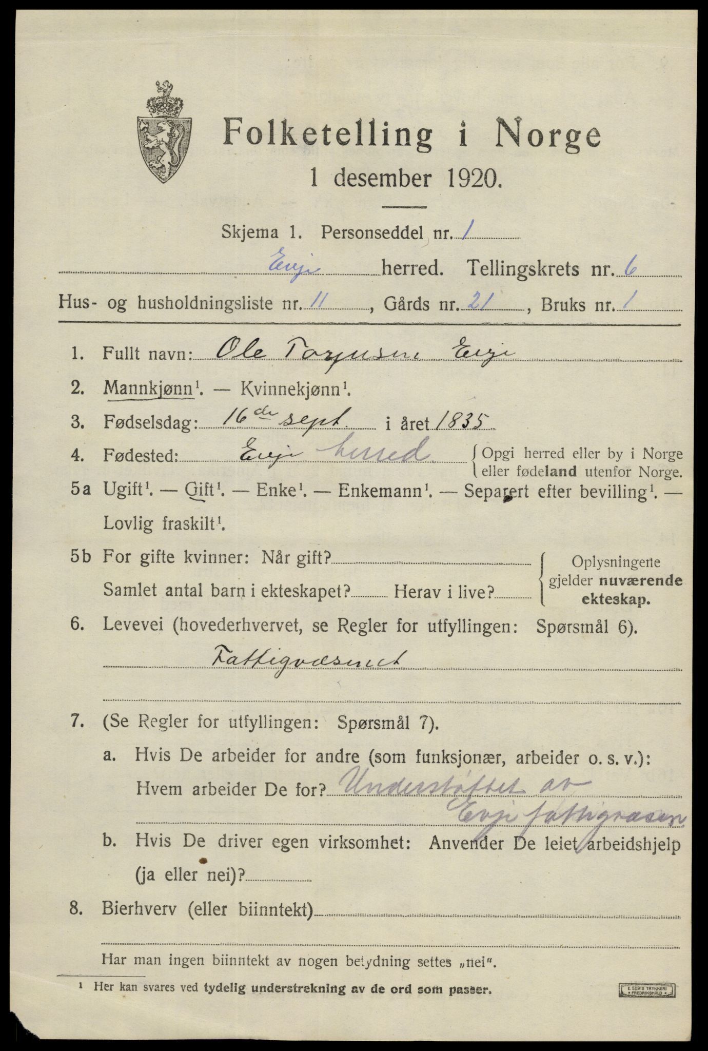 SAK, 1920 census for Evje, 1920, p. 2236