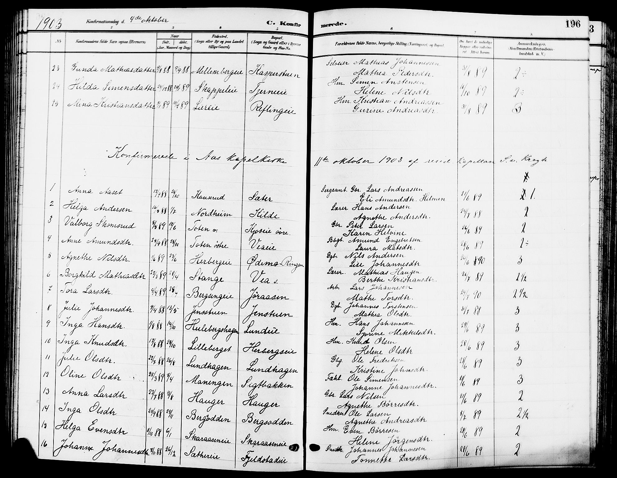 Ringsaker prestekontor, SAH/PREST-014/L/La/L0015: Parish register (copy) no. 15, 1903-1912, p. 196