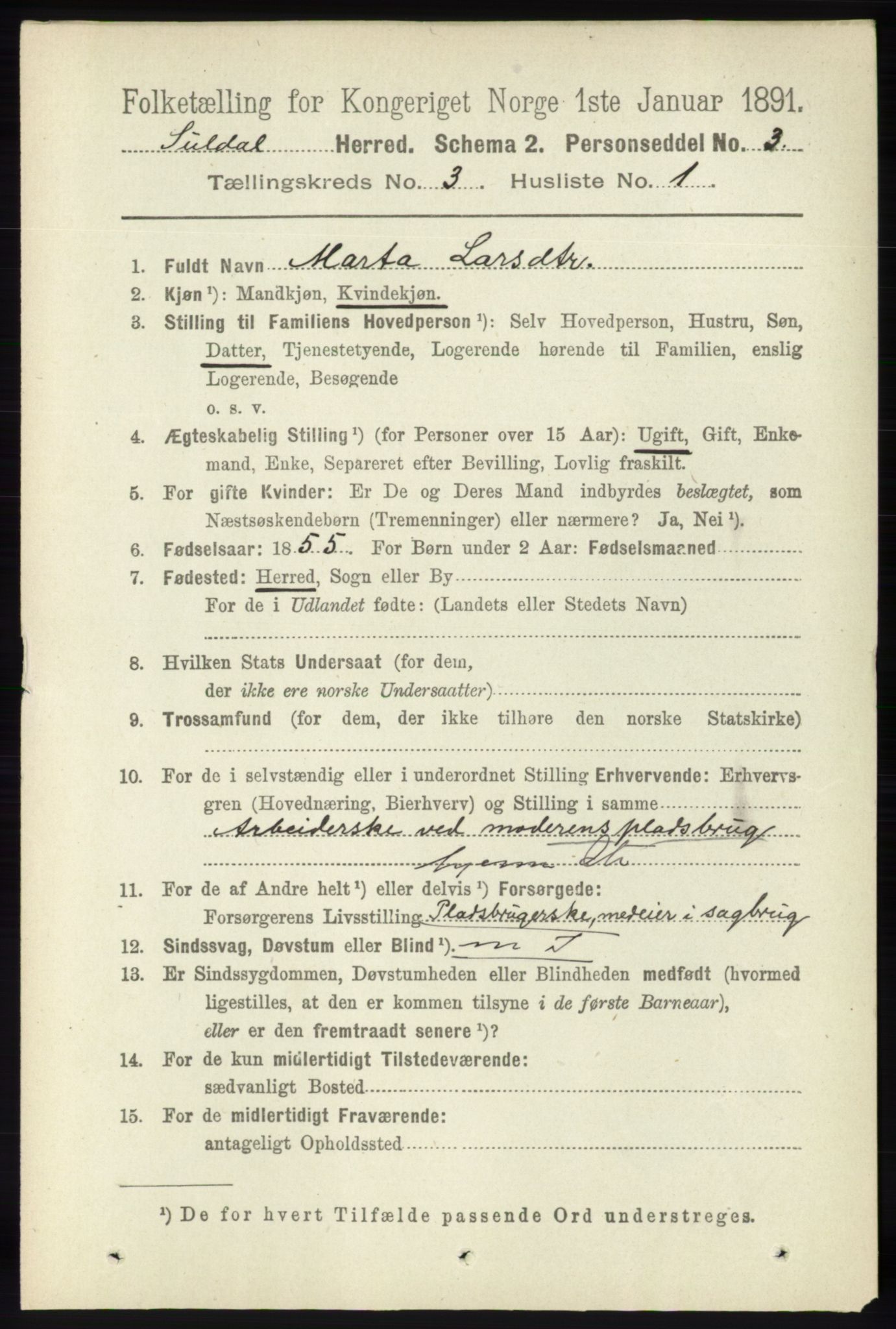 RA, 1891 census for 1134 Suldal, 1891, p. 615