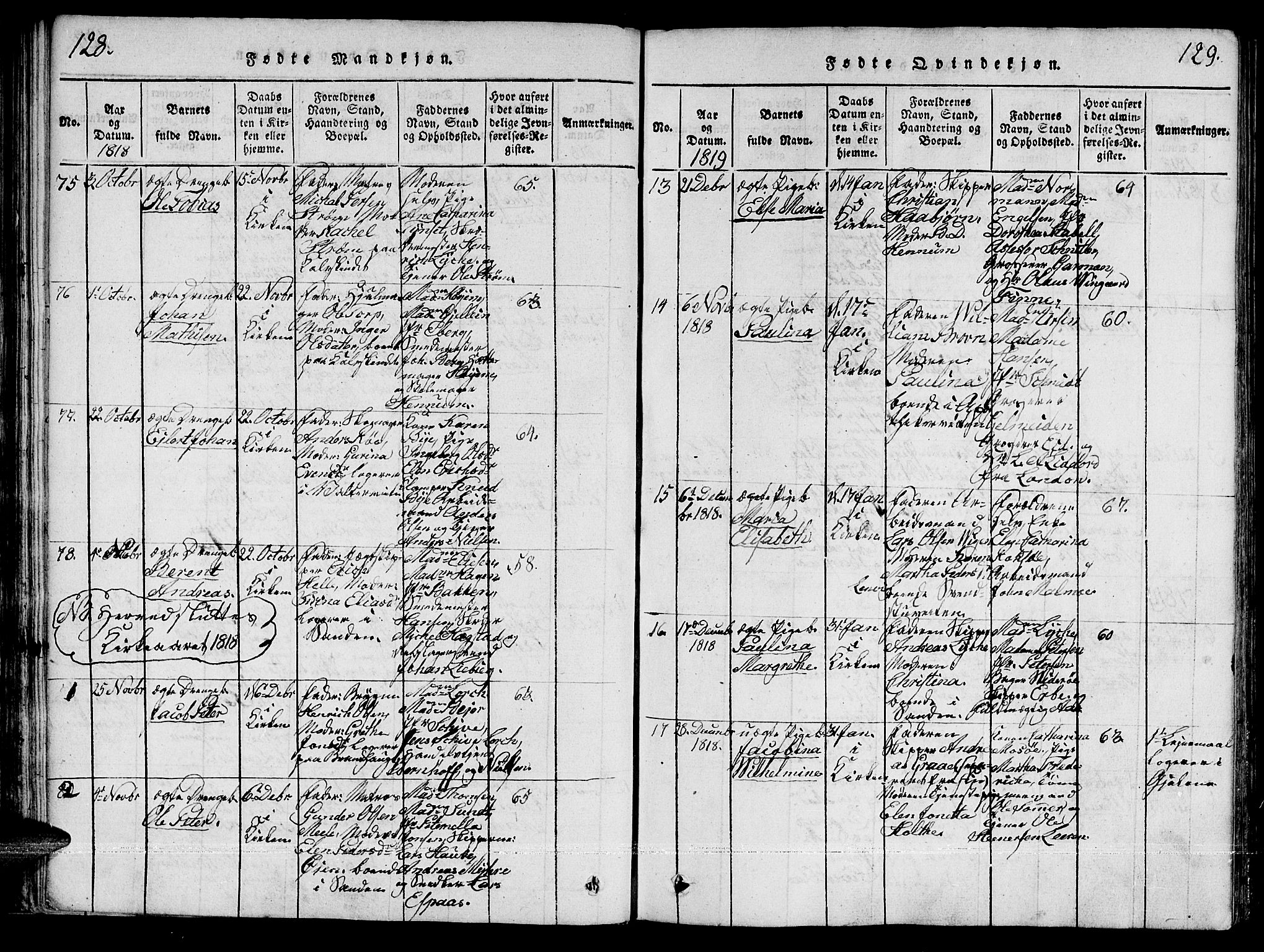 Ministerialprotokoller, klokkerbøker og fødselsregistre - Sør-Trøndelag, AV/SAT-A-1456/601/L0043: Parish register (official) no. 601A11, 1815-1821, p. 128-129