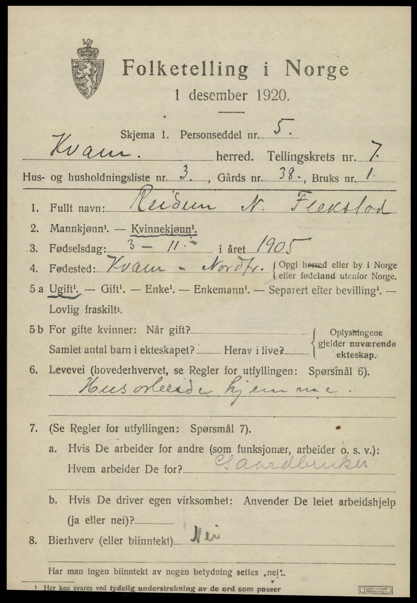SAT, 1920 census for Kvam, 1920, p. 1831