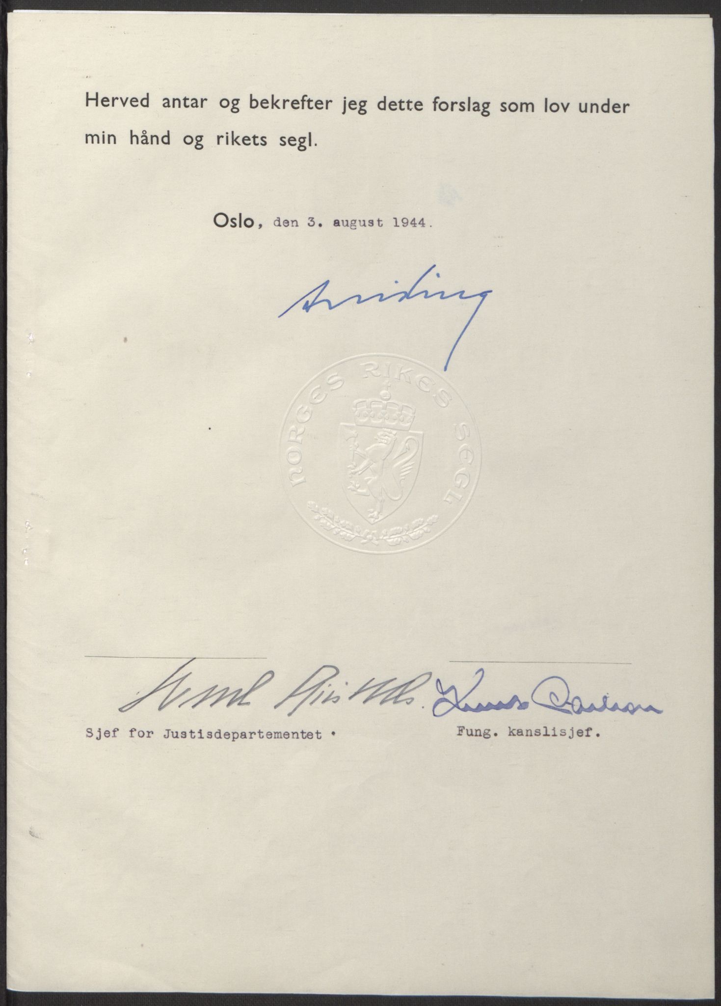 NS-administrasjonen 1940-1945 (Statsrådsekretariatet, de kommisariske statsråder mm), AV/RA-S-4279/D/Db/L0100: Lover, 1944, p. 379