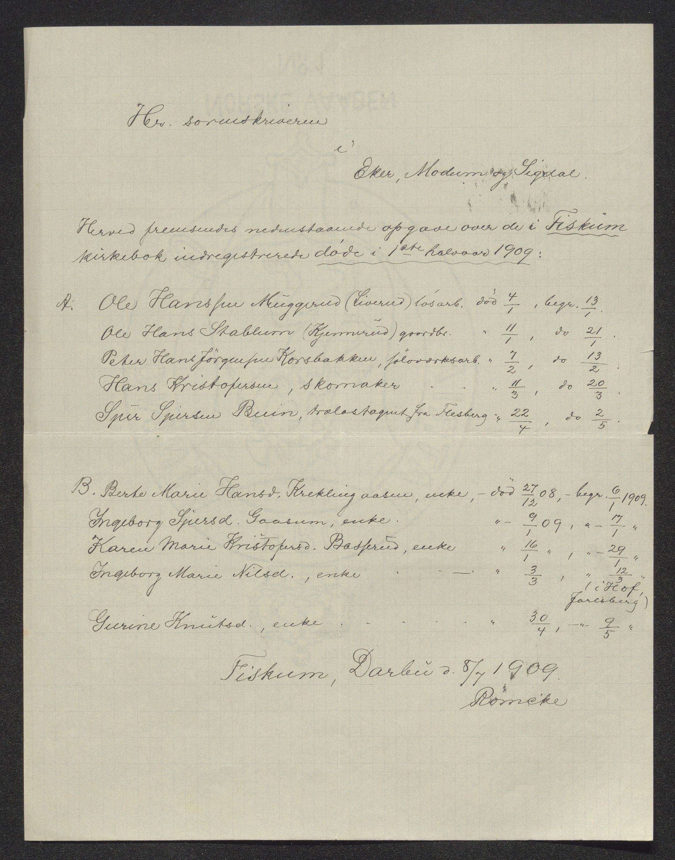 Eiker, Modum og Sigdal sorenskriveri, AV/SAKO-A-123/H/Ha/Hab/L0033: Dødsfallsmeldinger, 1909-1910, p. 120