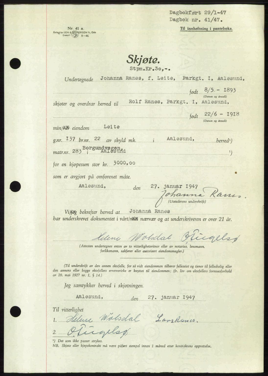 Ålesund byfogd, AV/SAT-A-4384: Mortgage book no. 36b, 1946-1947, Diary no: : 41/1947