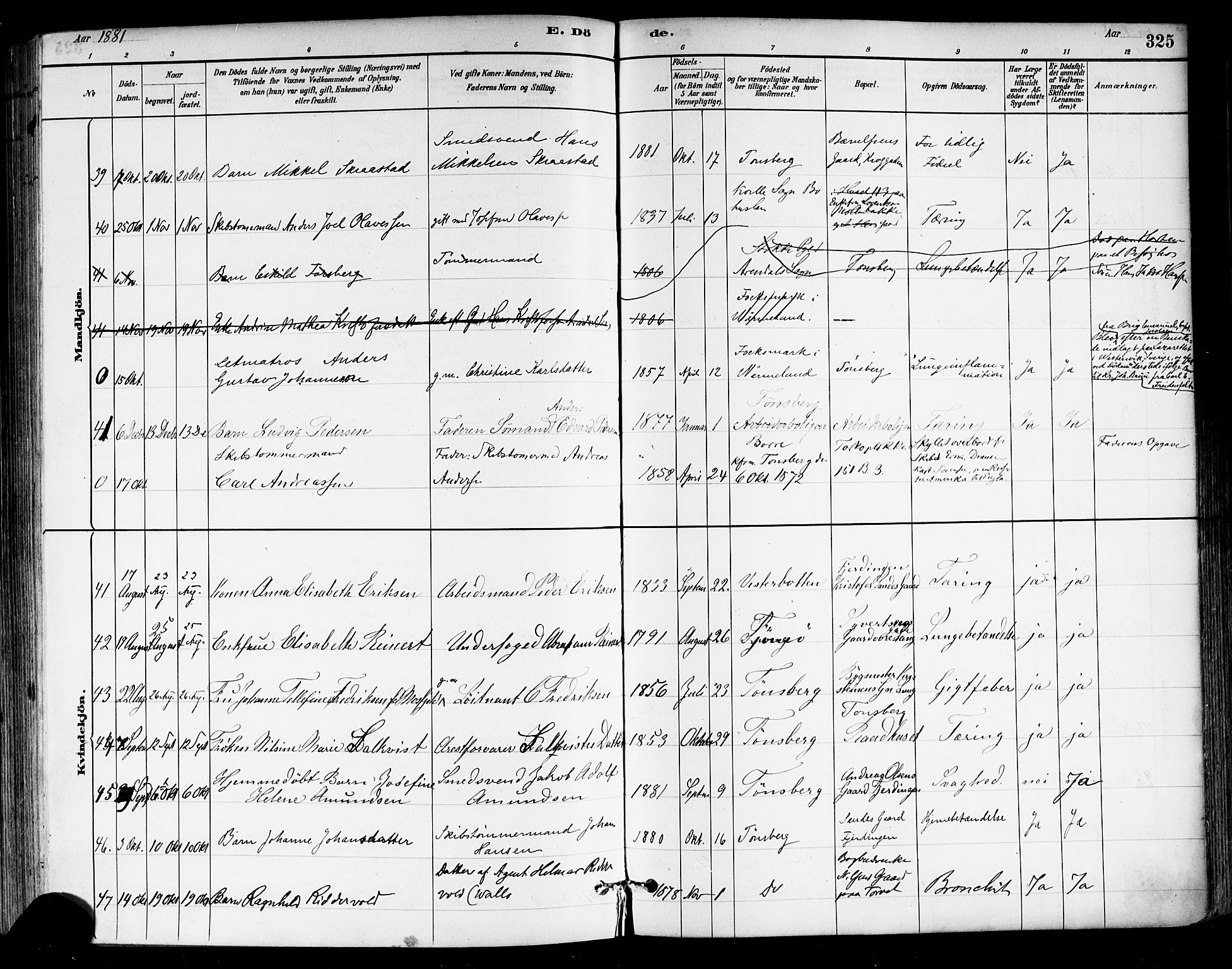 Tønsberg kirkebøker, AV/SAKO-A-330/F/Fa/L0011: Parish register (official) no. I 11, 1881-1890, p. 325