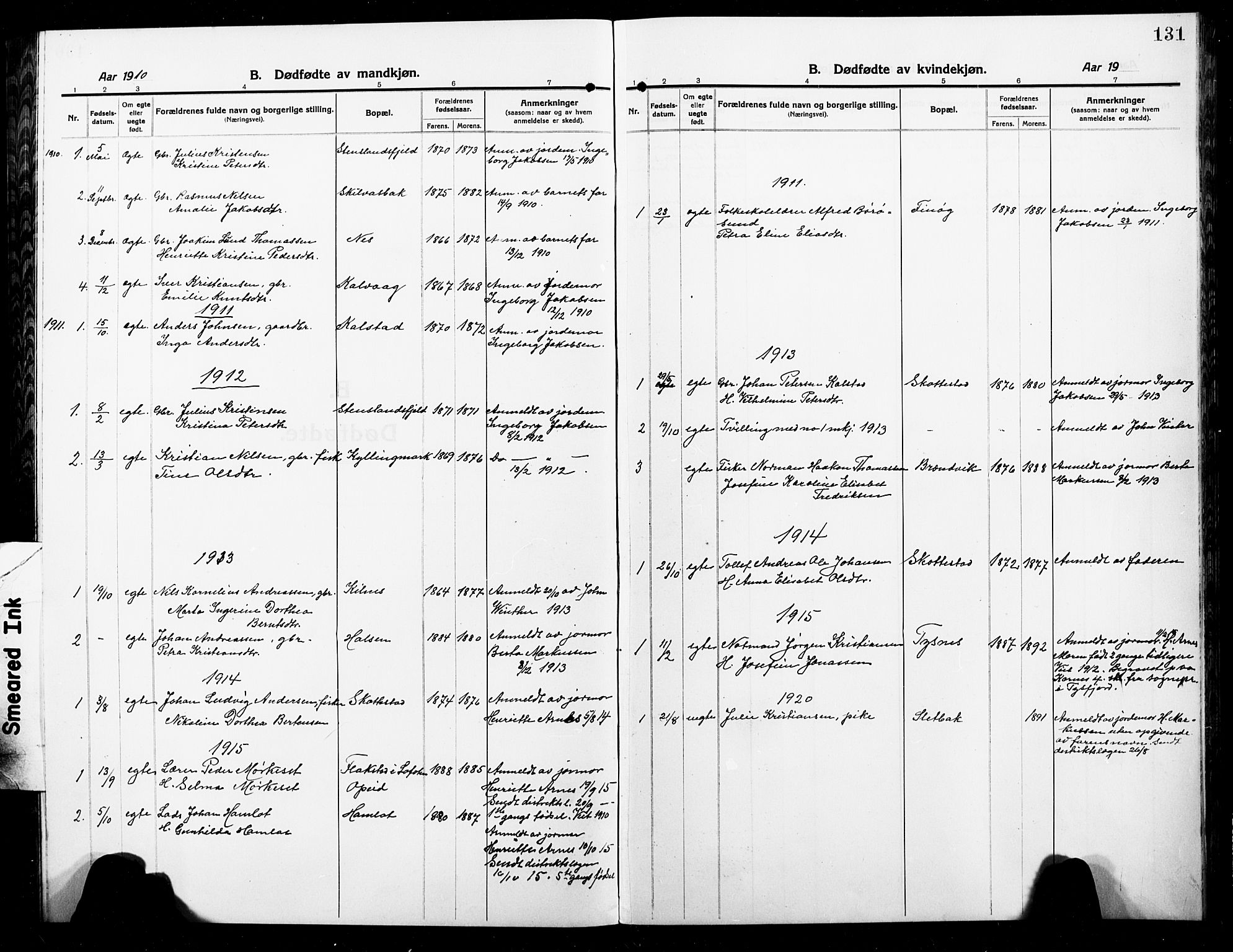 Ministerialprotokoller, klokkerbøker og fødselsregistre - Nordland, AV/SAT-A-1459/859/L0861: Parish register (copy) no. 859C07, 1910-1925, p. 131