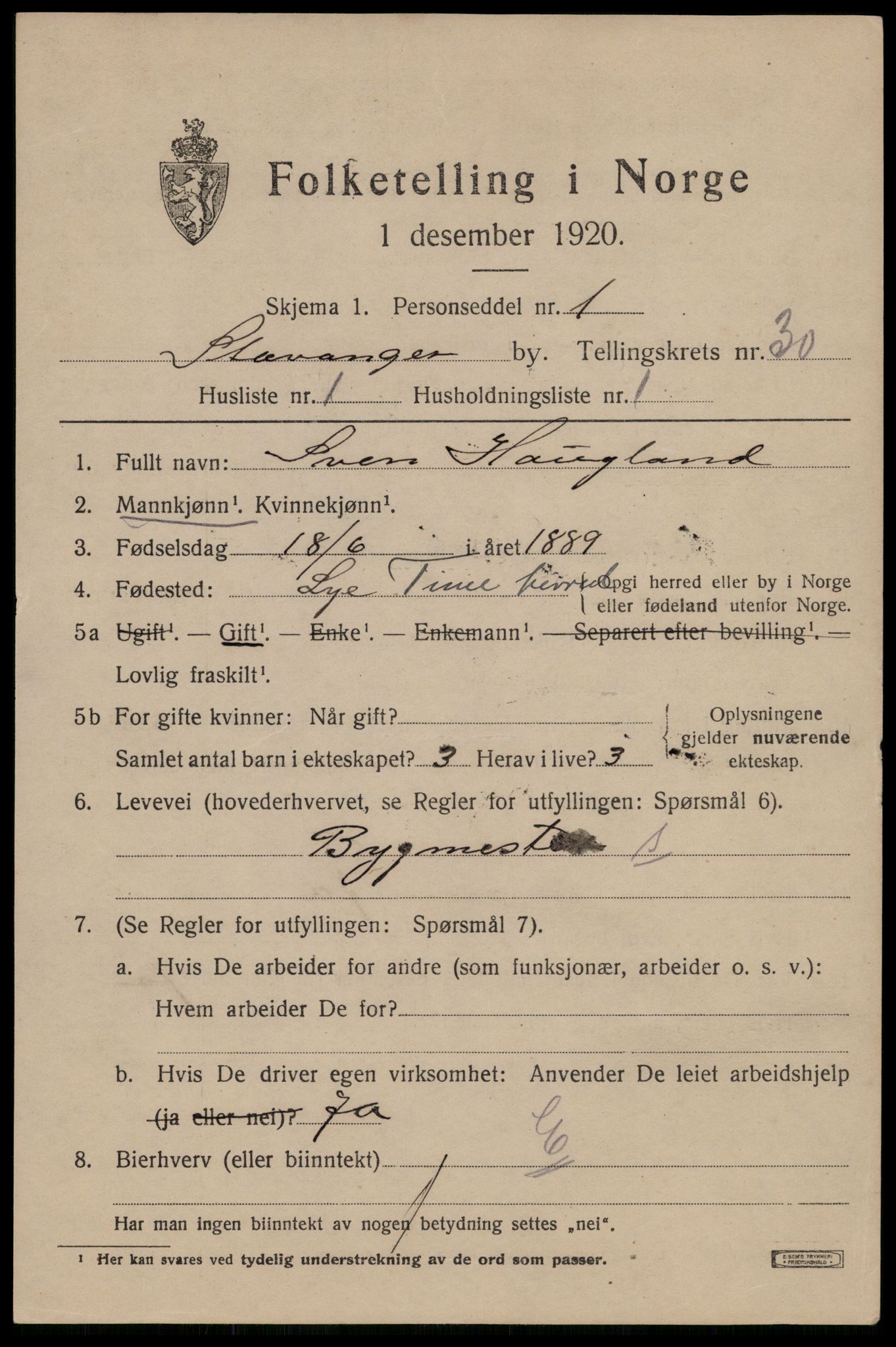 SAST, 1920 census for Stavanger, 1920, p. 84966