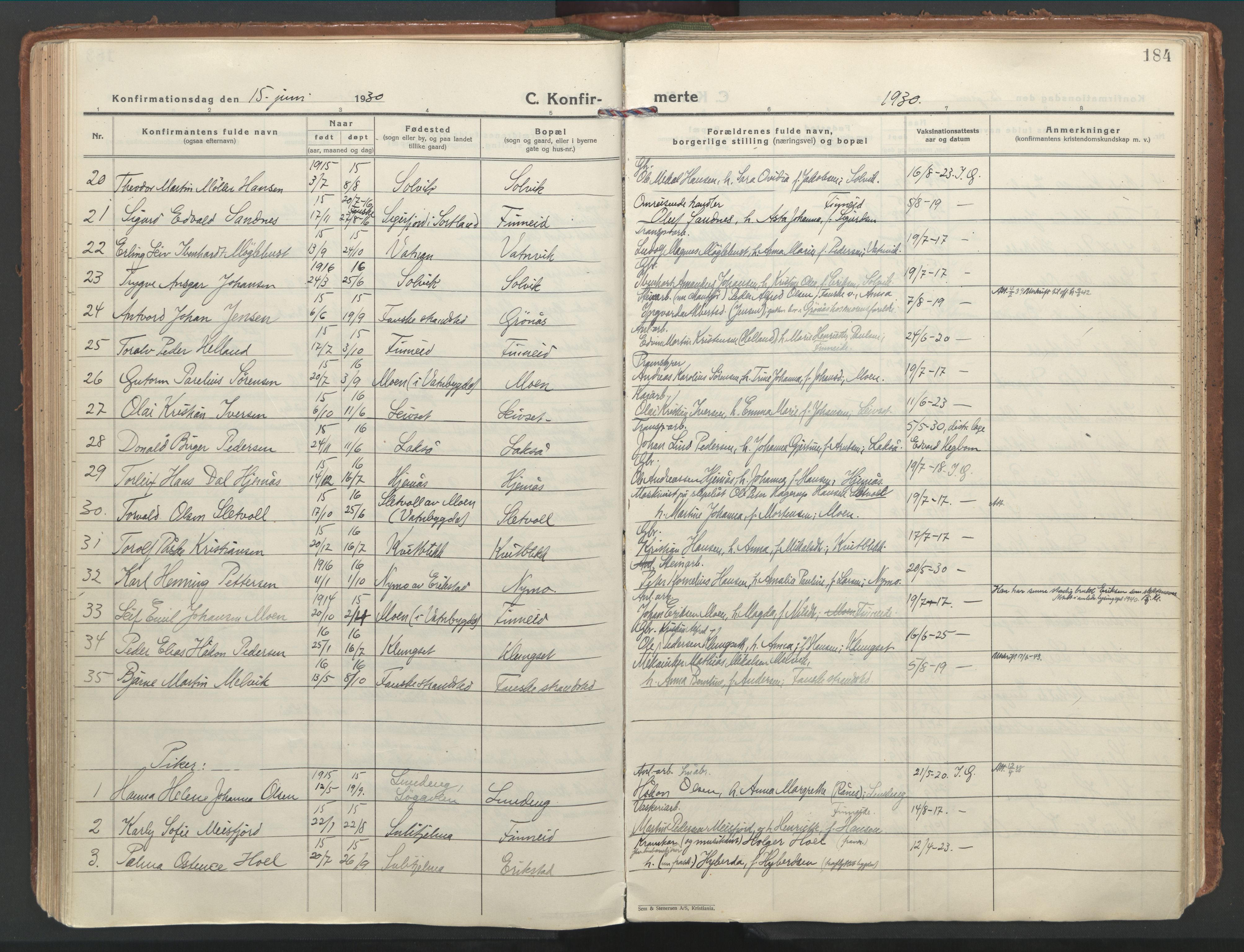 Ministerialprotokoller, klokkerbøker og fødselsregistre - Nordland, SAT/A-1459/849/L0699: Parish register (official) no. 849A10, 1924-1937, p. 184