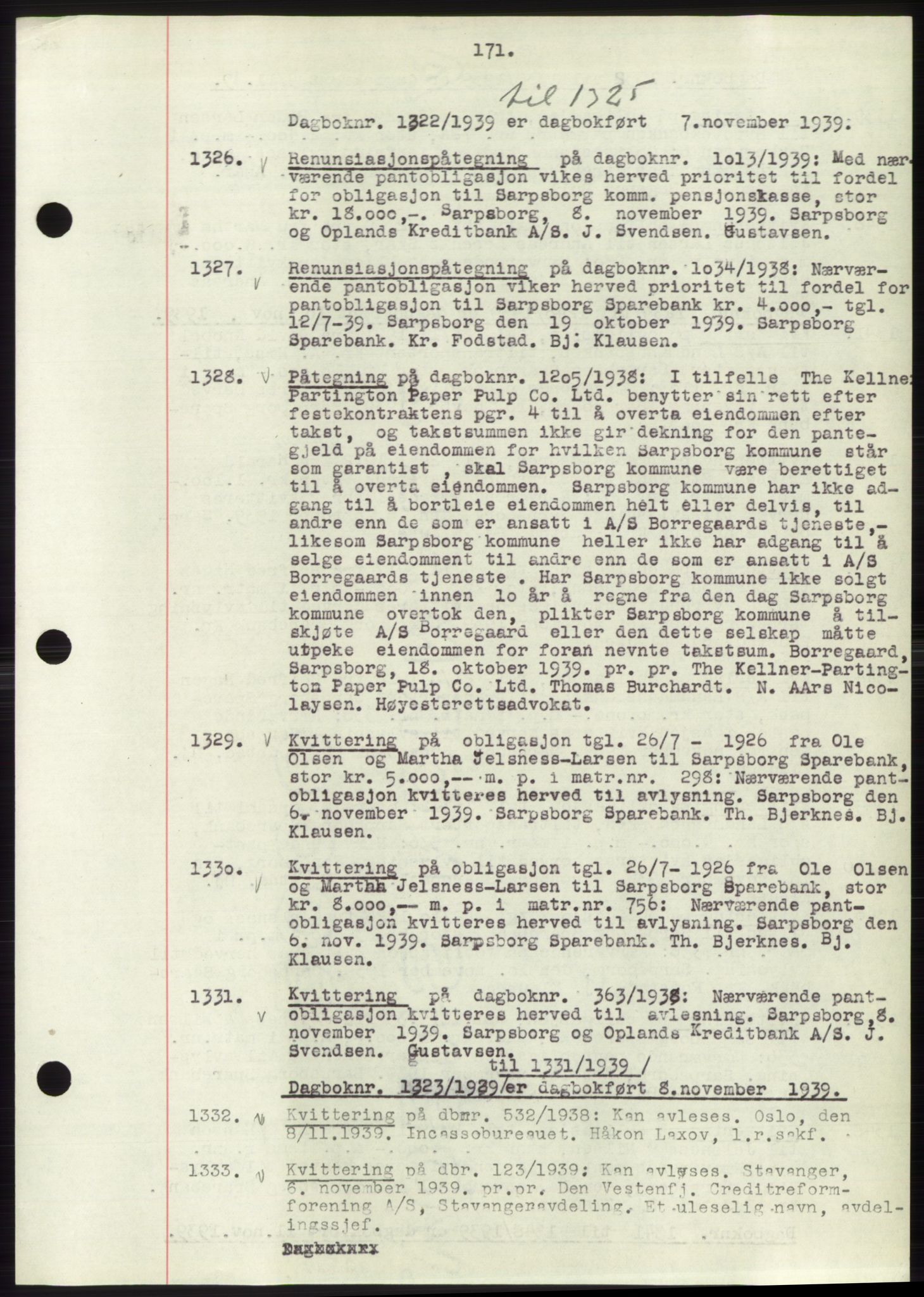 Sarpsborg byfogd, SAO/A-10864/G/Ga/Gae/L0001: Mortgage book no. C1, 1943-1951, Deed date: 07.11.1939