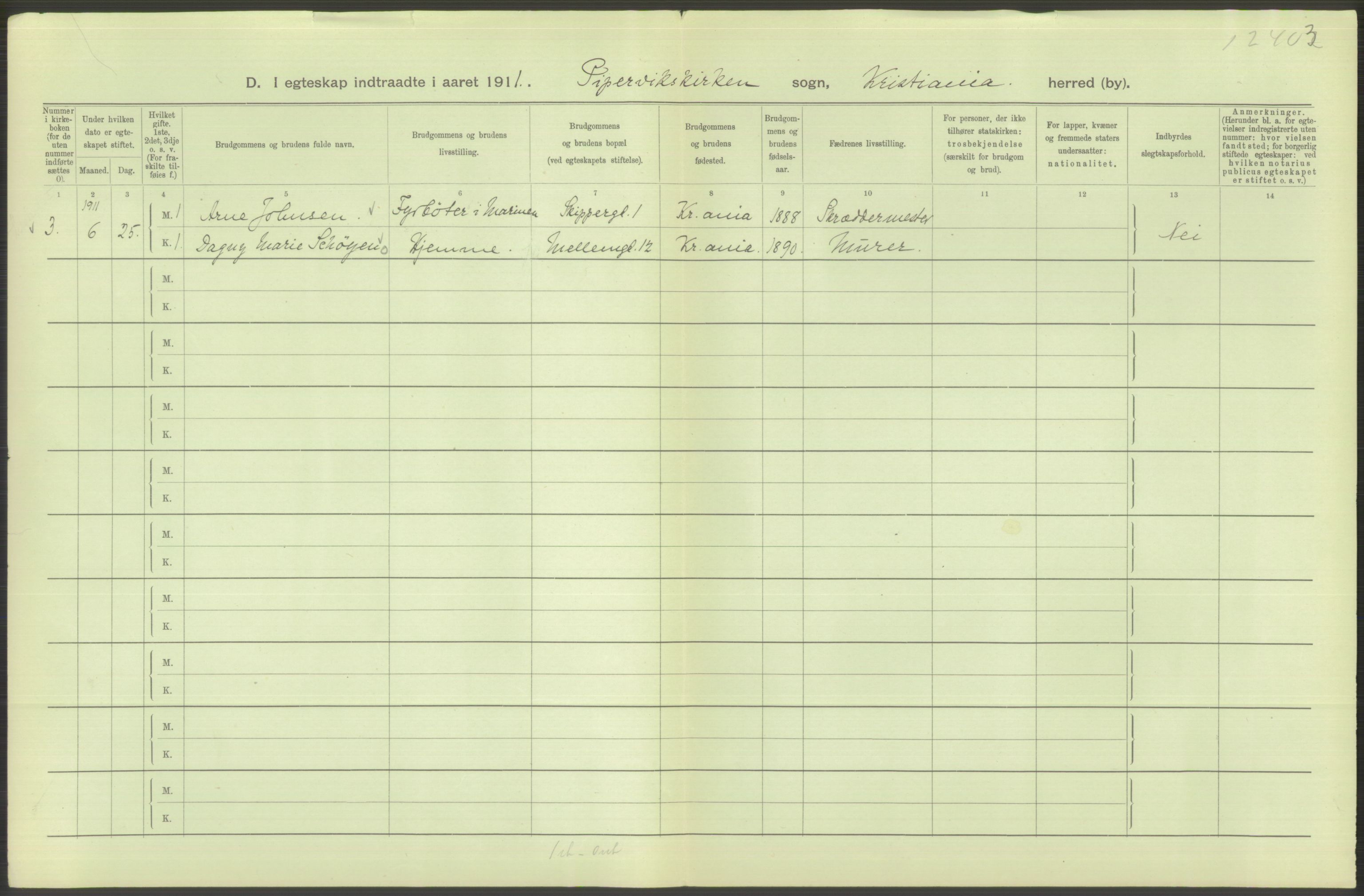 Statistisk sentralbyrå, Sosiodemografiske emner, Befolkning, AV/RA-S-2228/D/Df/Dfb/Dfba/L0008: Kristiania: Gifte, 1911, p. 662