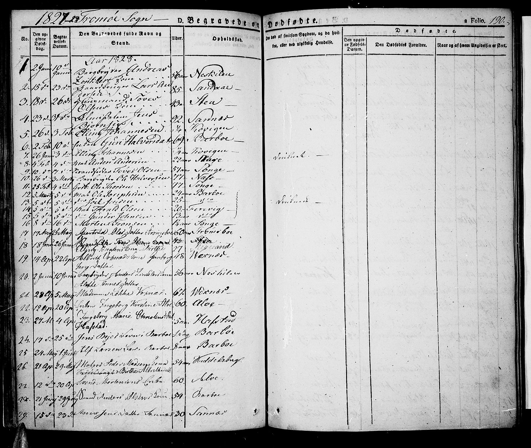 Tromøy sokneprestkontor, SAK/1111-0041/F/Fa/L0003: Parish register (official) no. A 3, 1825-1837, p. 190