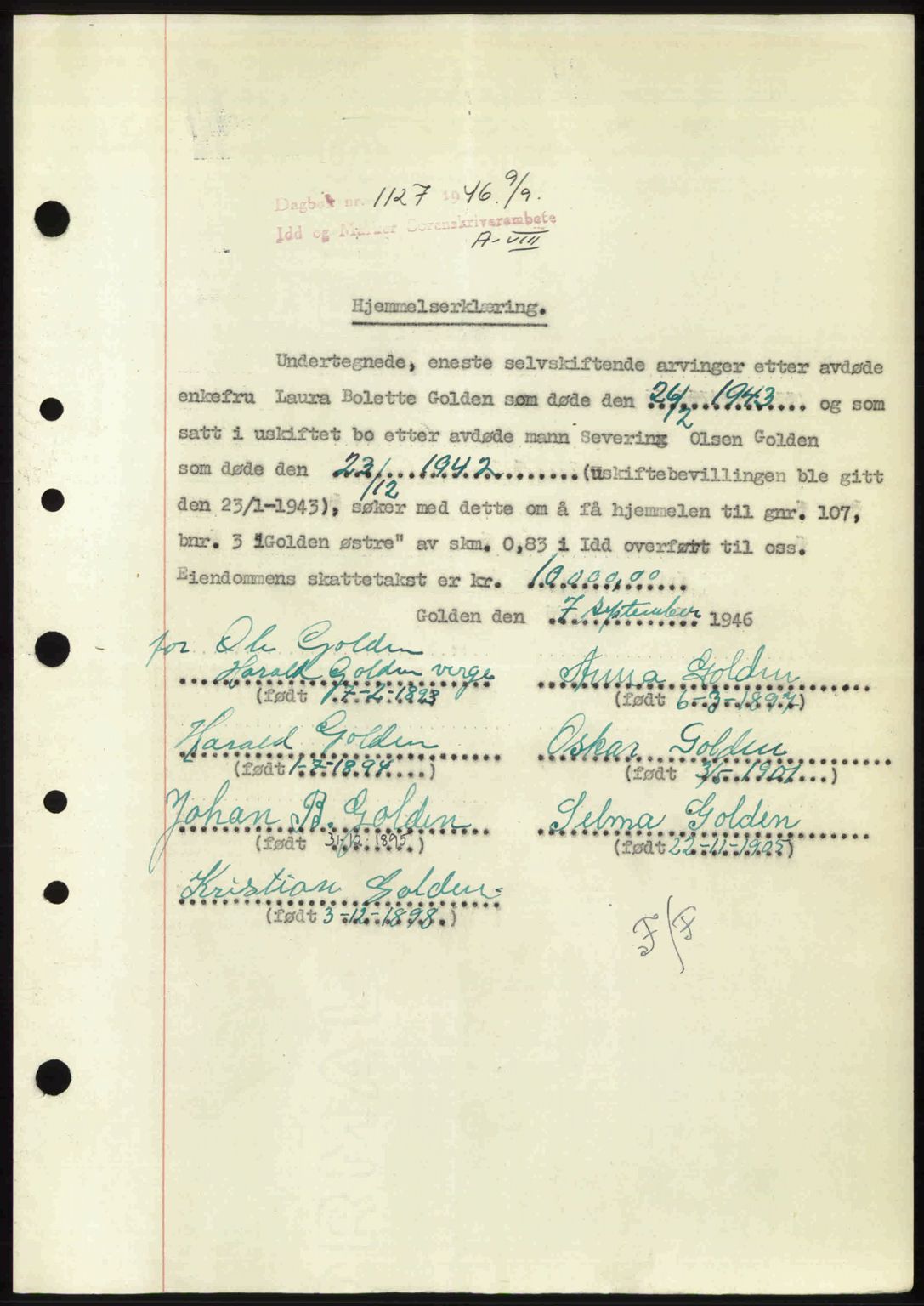 Idd og Marker sorenskriveri, AV/SAO-A-10283/G/Gb/Gbb/L0008: Mortgage book no. A8, 1946-1946, Diary no: : 1127/1946