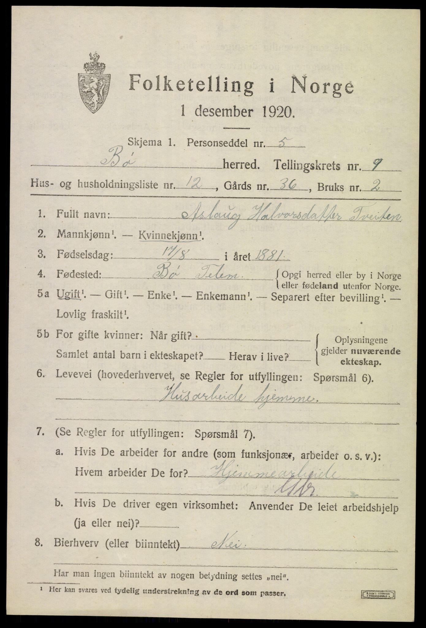 SAKO, 1920 census for Bø (Telemark), 1920, p. 6542