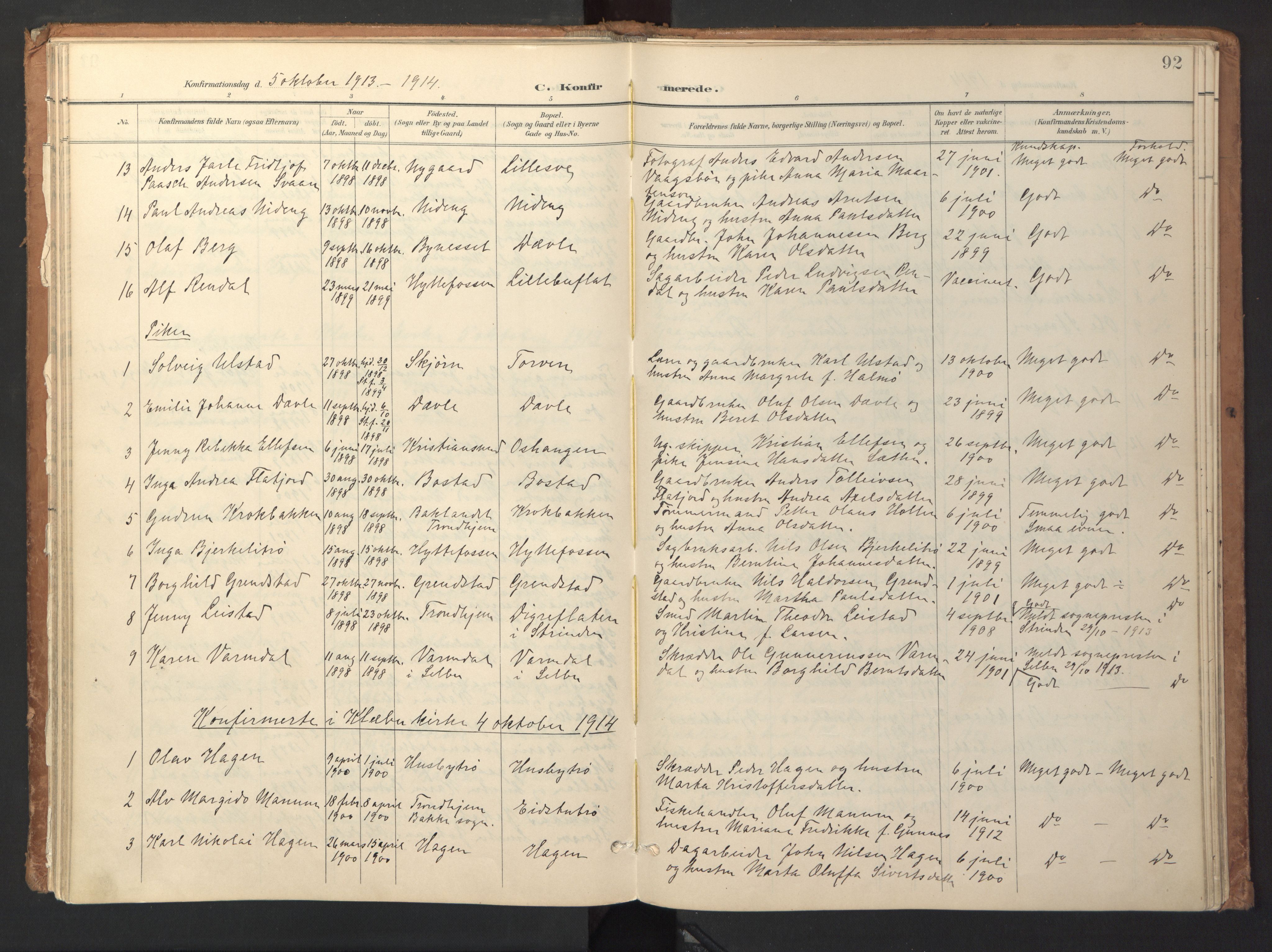 Ministerialprotokoller, klokkerbøker og fødselsregistre - Sør-Trøndelag, SAT/A-1456/618/L0448: Parish register (official) no. 618A11, 1898-1916, p. 92