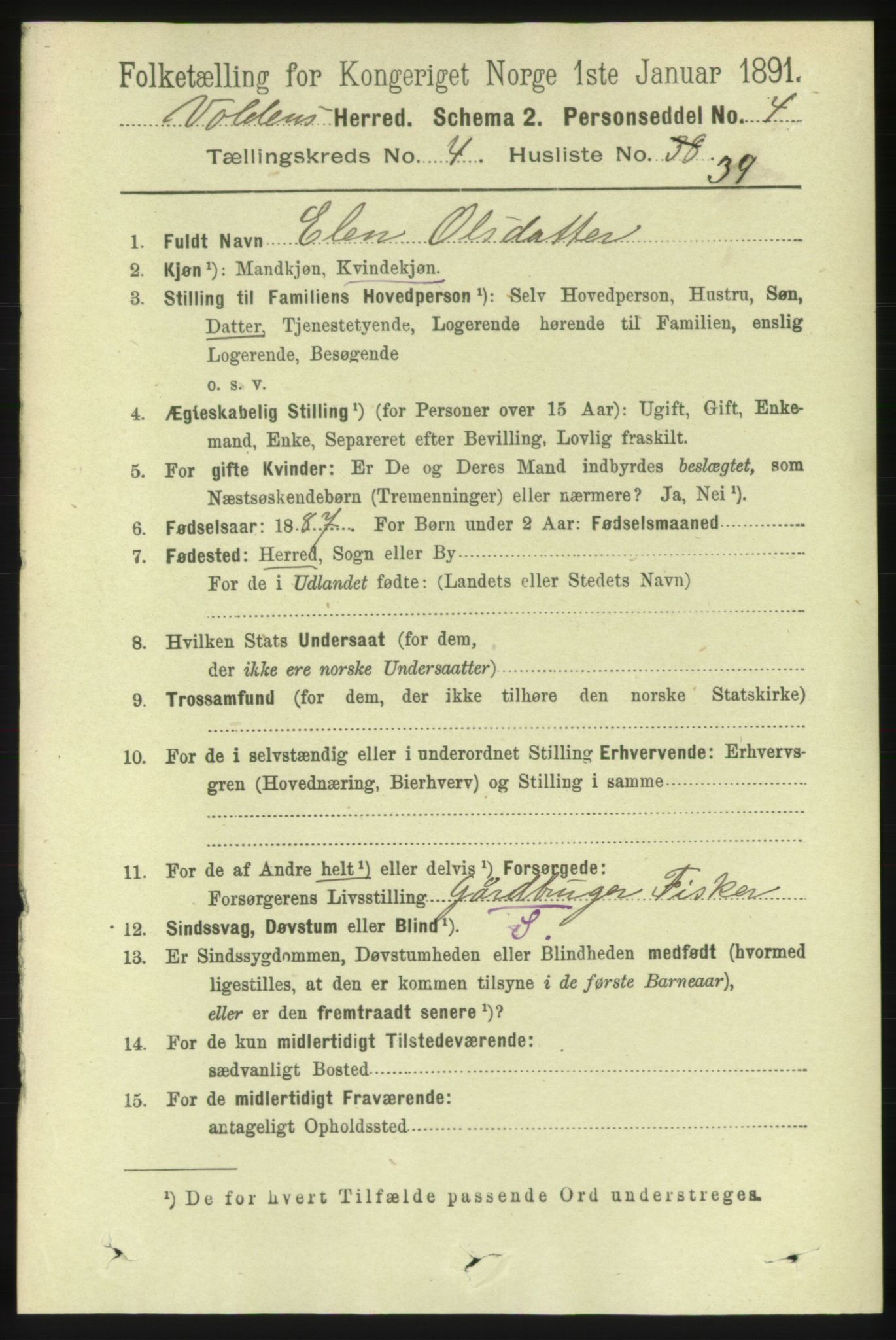 RA, 1891 census for 1519 Volda, 1891, p. 2209