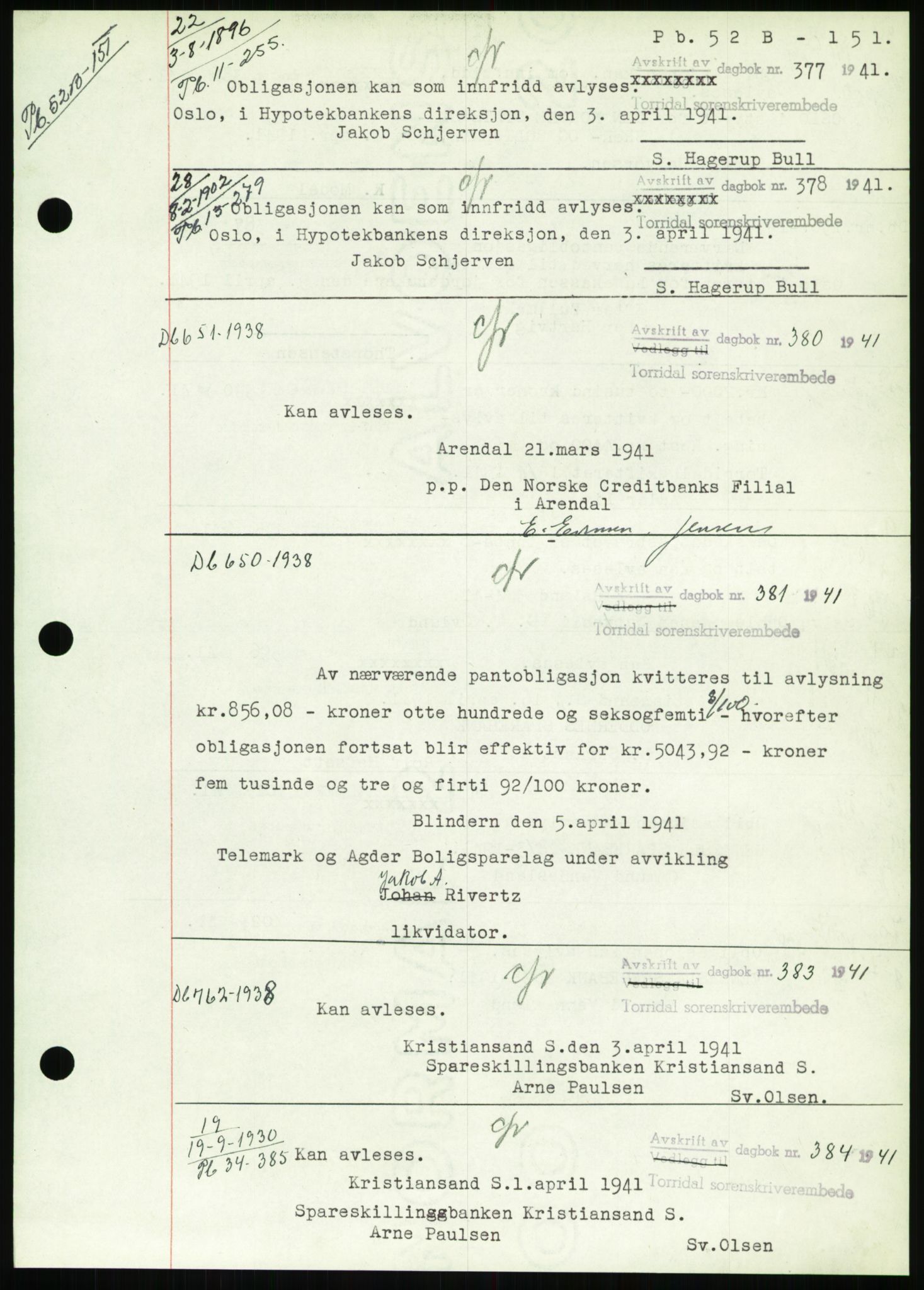 Torridal sorenskriveri, SAK/1221-0012/G/Gb/Gbb/L0008: Mortgage book no. 52b, 1940-1942, Diary no: : 377/1941
