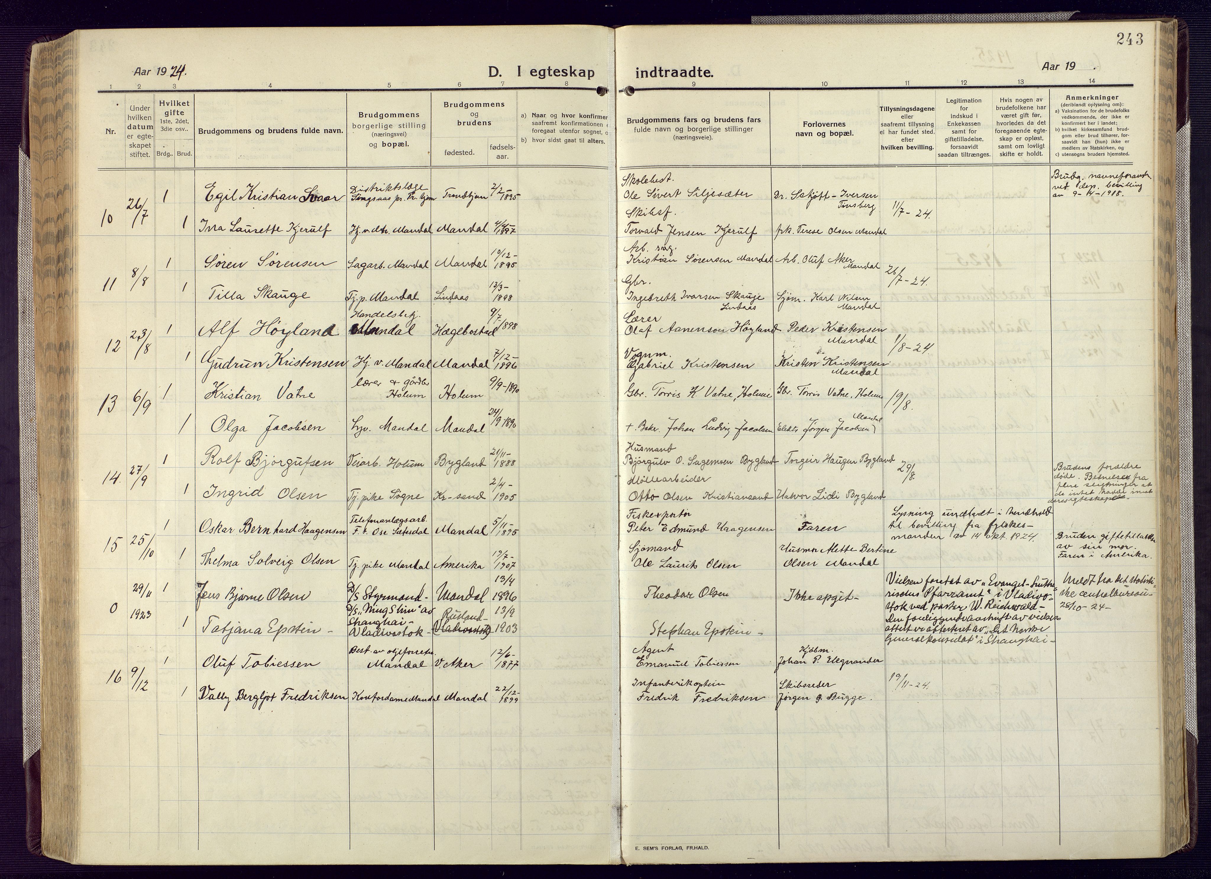 Mandal sokneprestkontor, SAK/1111-0030/F/Fa/Fac/L0001: Parish register (official) no. A 1, 1913-1925, p. 243