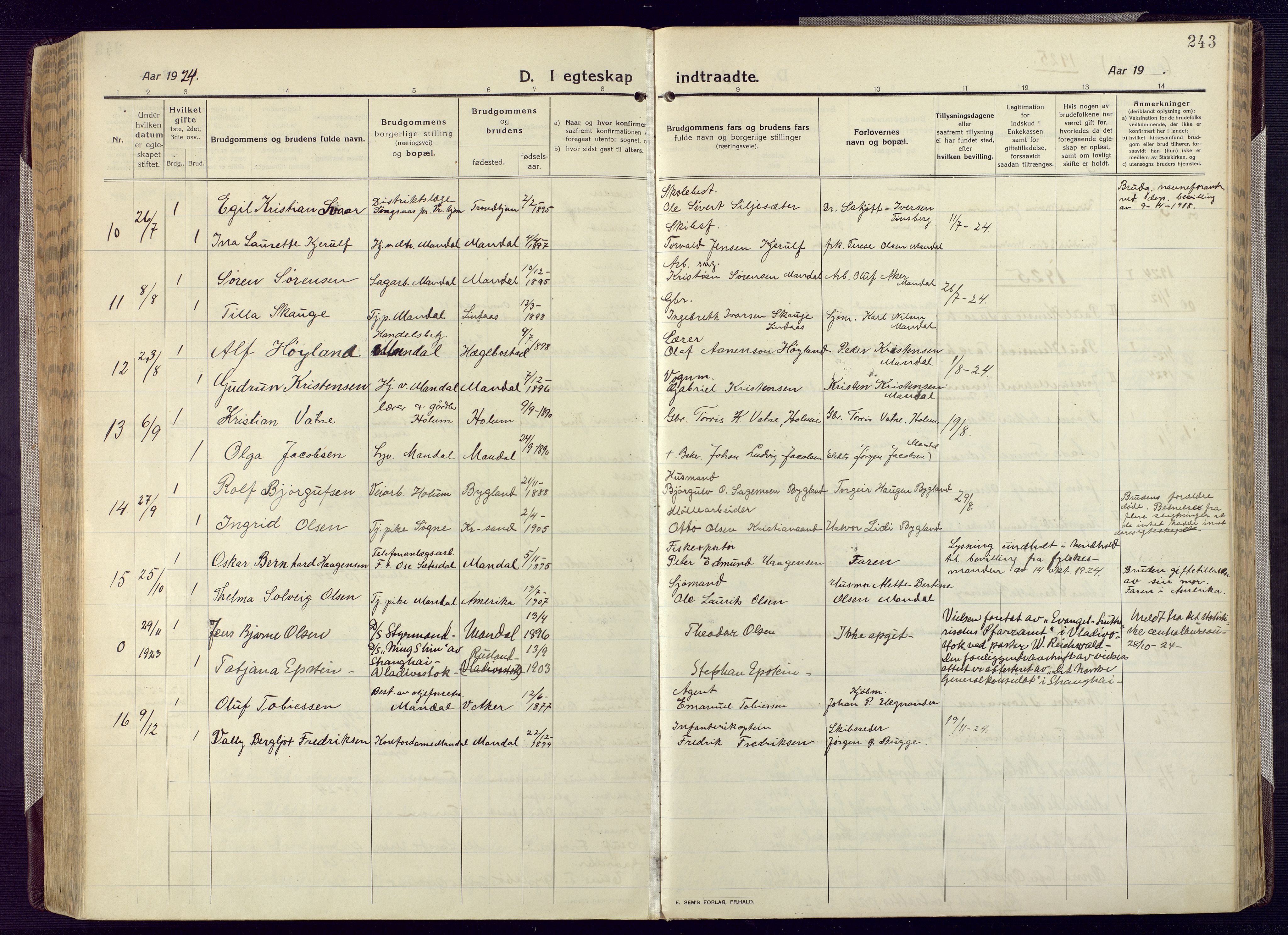 Mandal sokneprestkontor, AV/SAK-1111-0030/F/Fa/Fac/L0001: Parish register (official) no. A 1, 1913-1925, p. 243