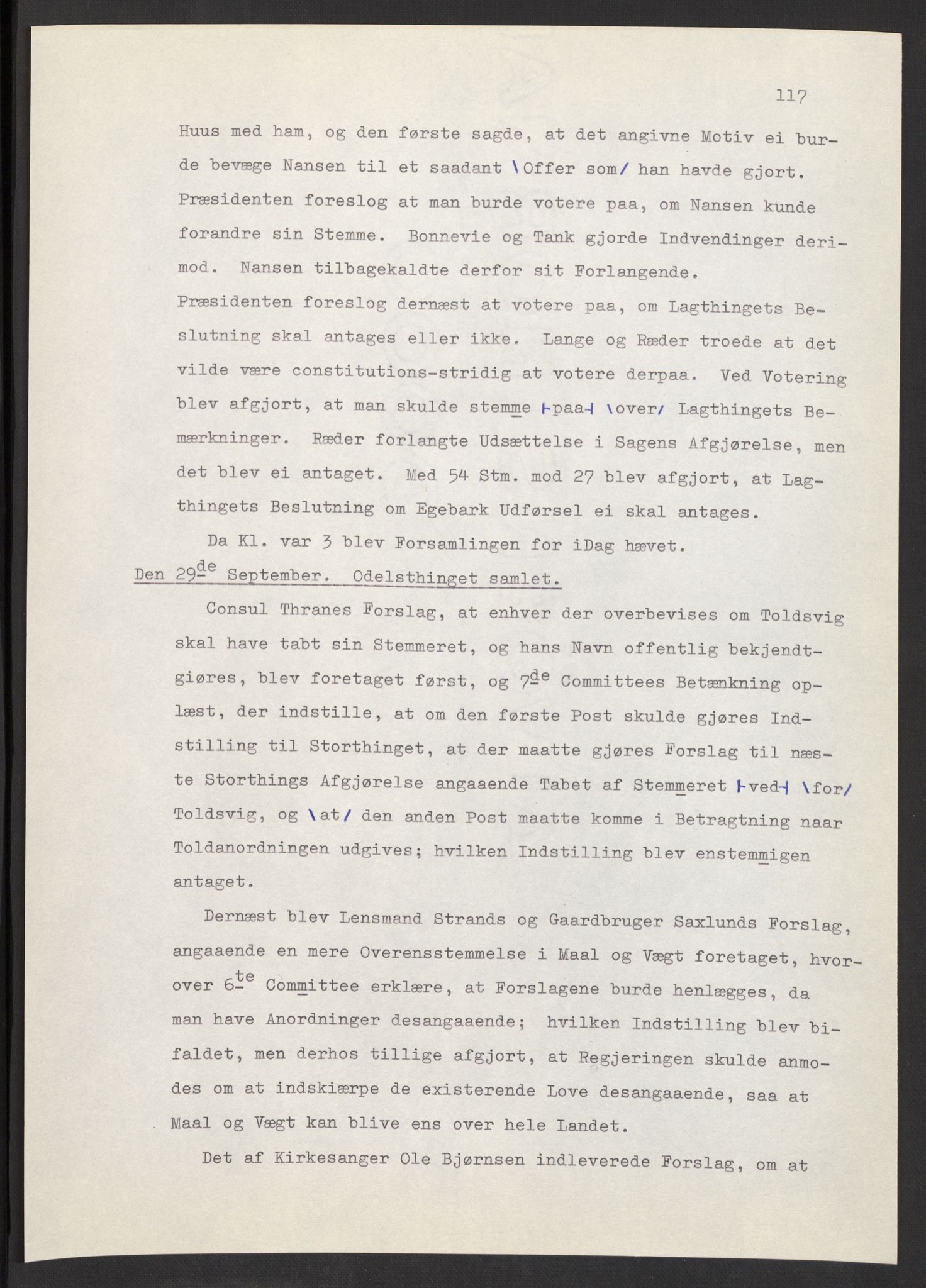 Manuskriptsamlingen, AV/RA-EA-3667/F/L0197: Wetlesen, Hans Jørgen (stortingsmann, ingeniørkaptein); Referat fra Stortinget 1815-1816, 1815-1816, p. 117