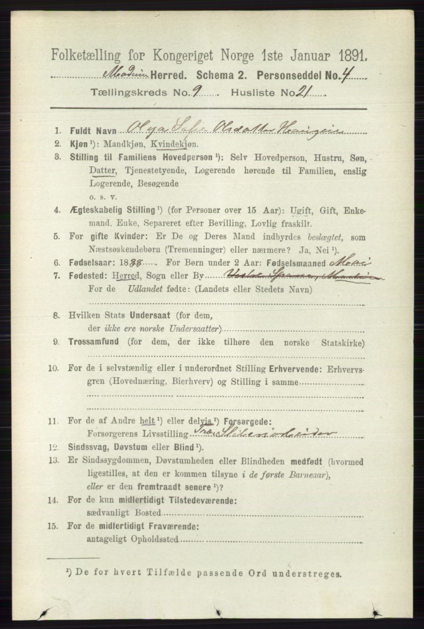 RA, 1891 census for 0623 Modum, 1891, p. 3584