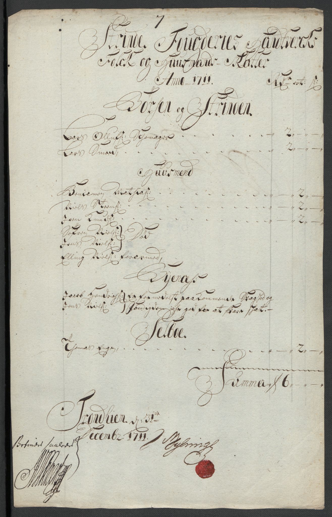 Rentekammeret inntil 1814, Reviderte regnskaper, Fogderegnskap, AV/RA-EA-4092/R61/L4112: Fogderegnskap Strinda og Selbu, 1711, p. 96