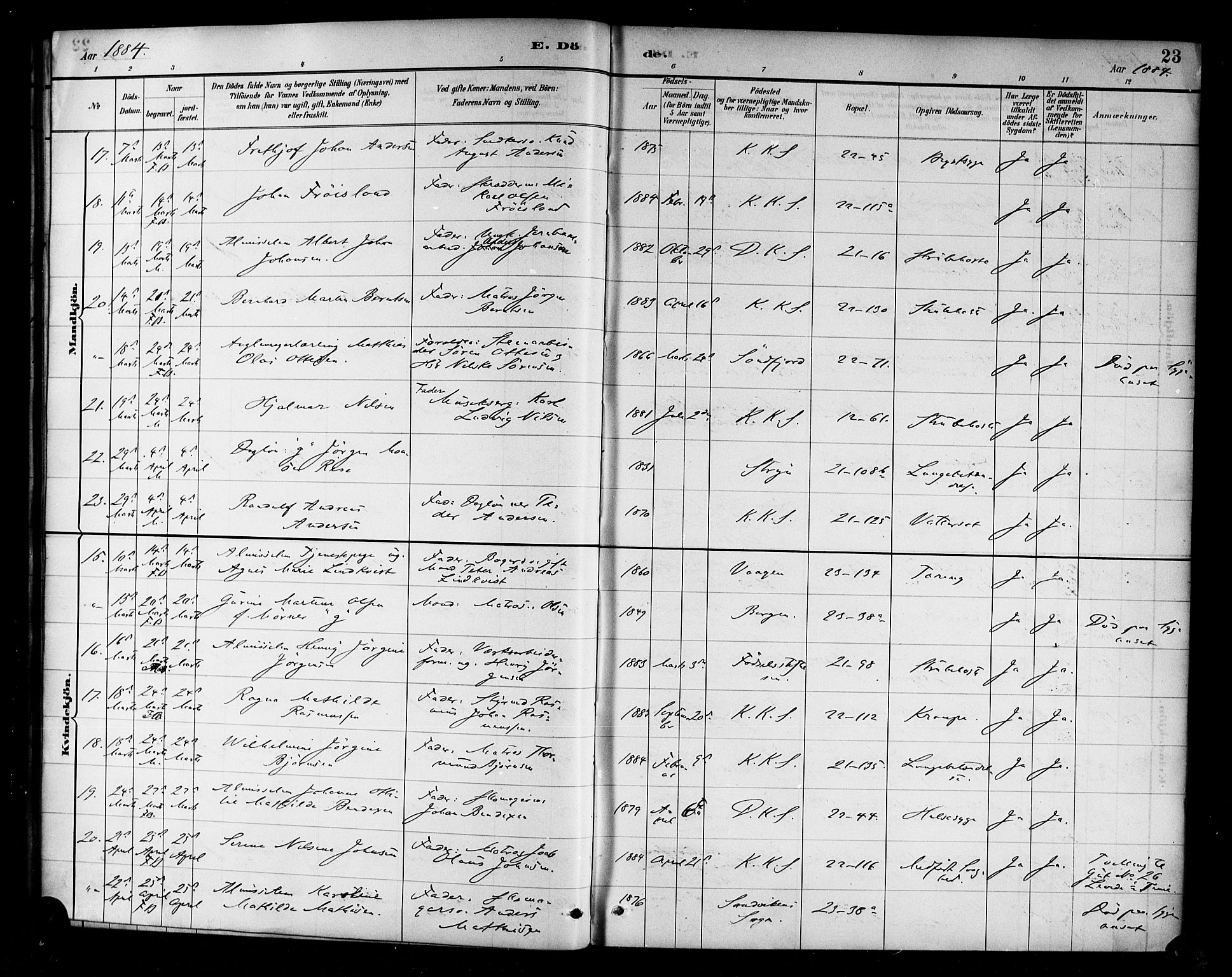 Korskirken sokneprestembete, AV/SAB-A-76101/H/Haa/L0047: Parish register (official) no. E 5, 1884-1910, p. 23