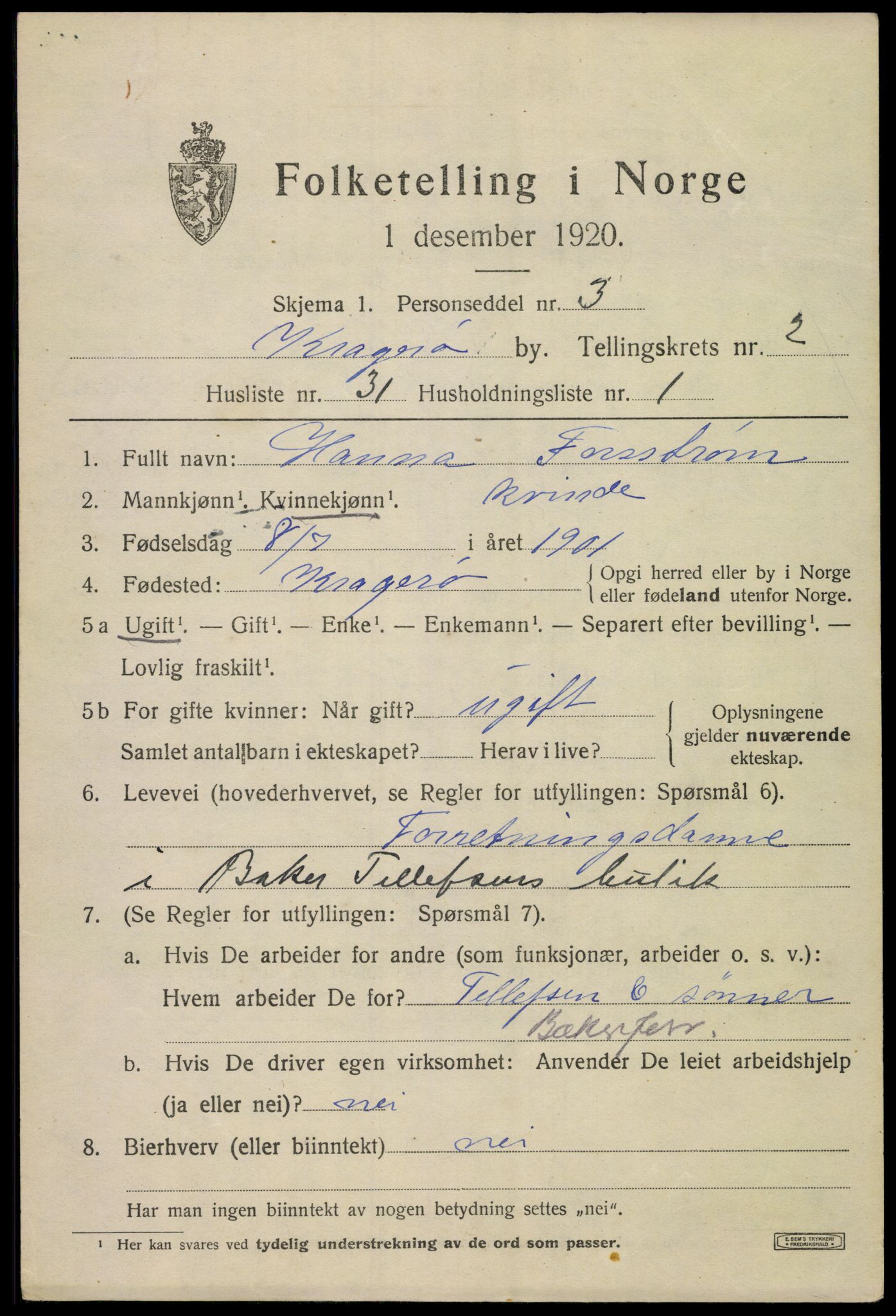 SAKO, 1920 census for Kragerø, 1920, p. 5729