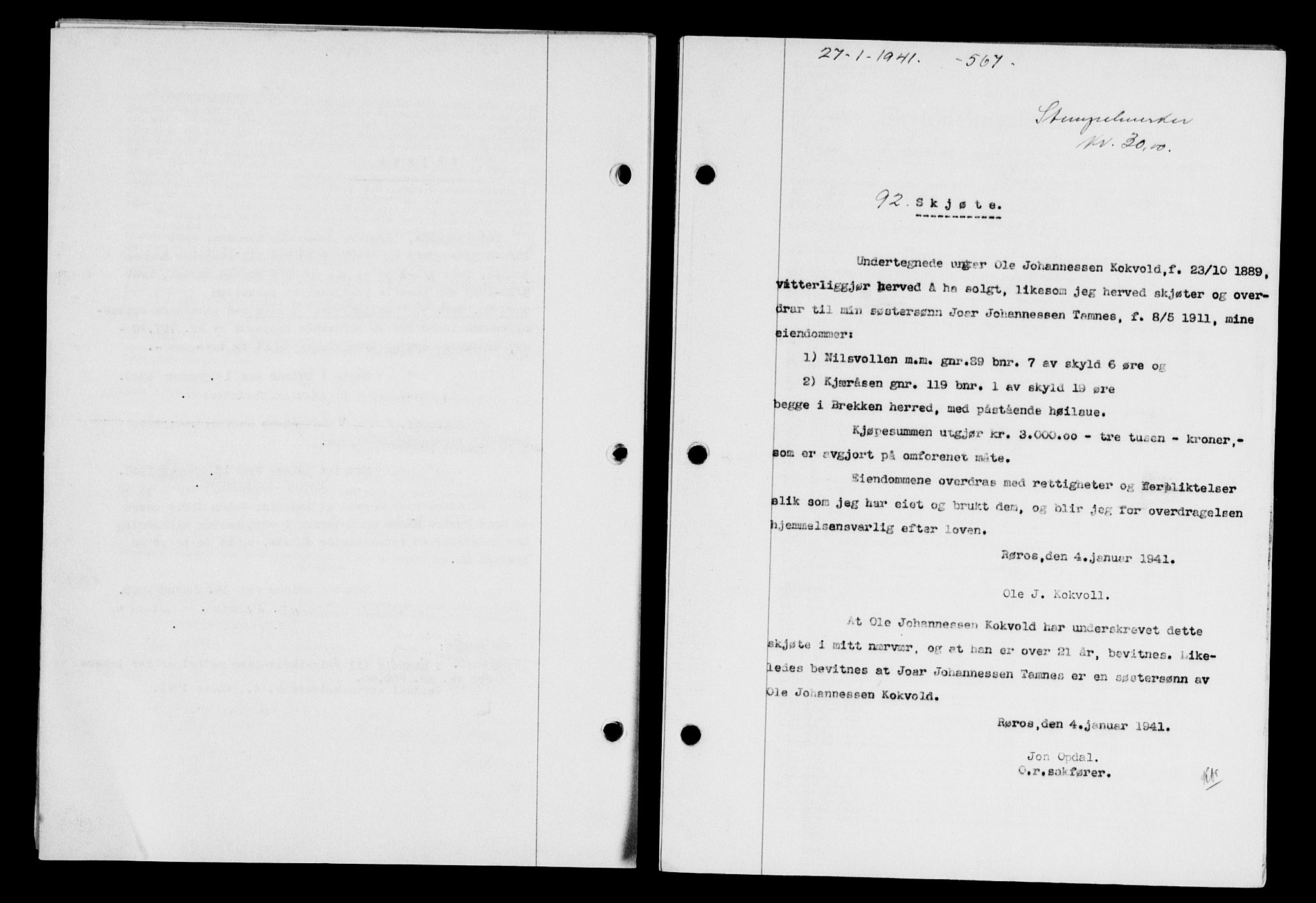Gauldal sorenskriveri, SAT/A-0014/1/2/2C/L0052: Mortgage book no. 57, 1940-1941, Diary no: : 92/1941