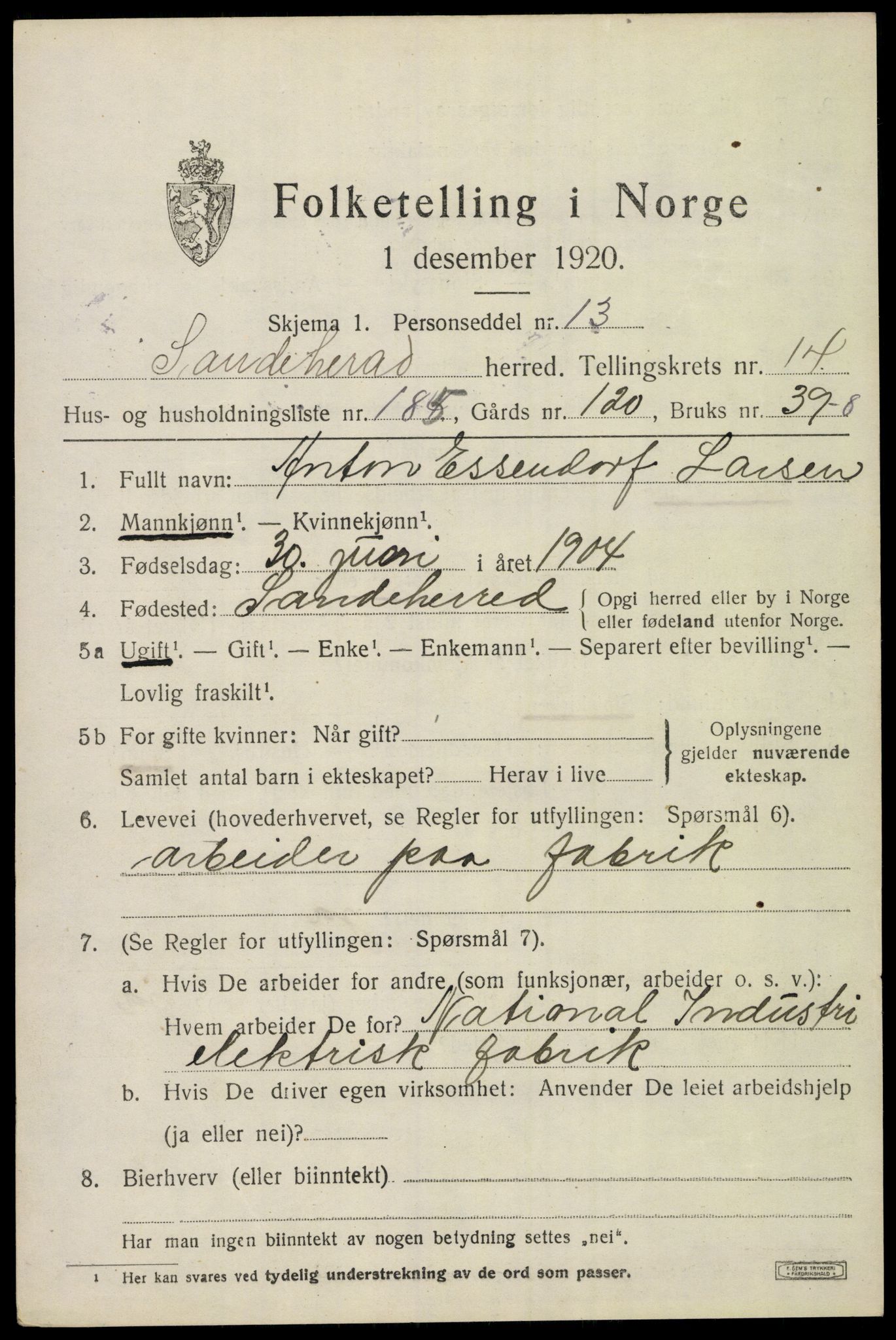 SAKO, 1920 census for Sandeherred, 1920, p. 22954