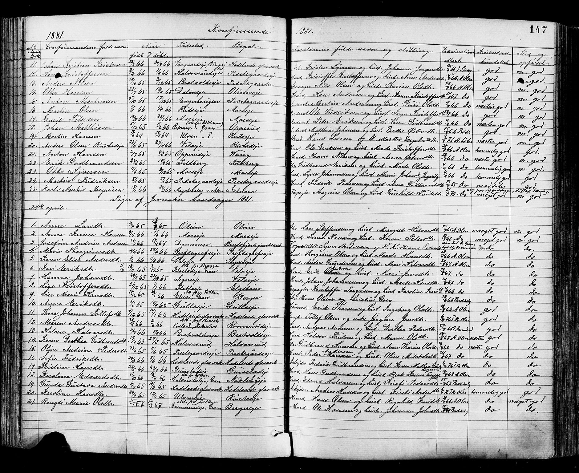 Jevnaker prestekontor, SAH/PREST-116/H/Ha/Haa/L0008: Parish register (official) no. 8, 1877-1890, p. 147