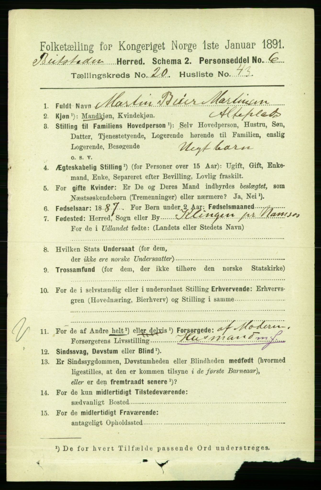 RA, 1891 census for 1727 Beitstad, 1891, p. 5378