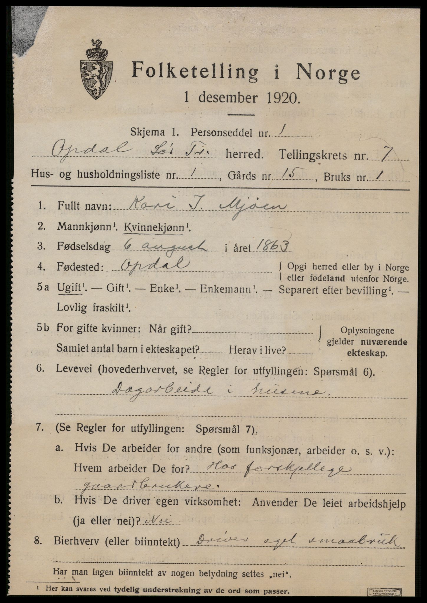 SAT, 1920 census for Oppdal, 1920, p. 5699