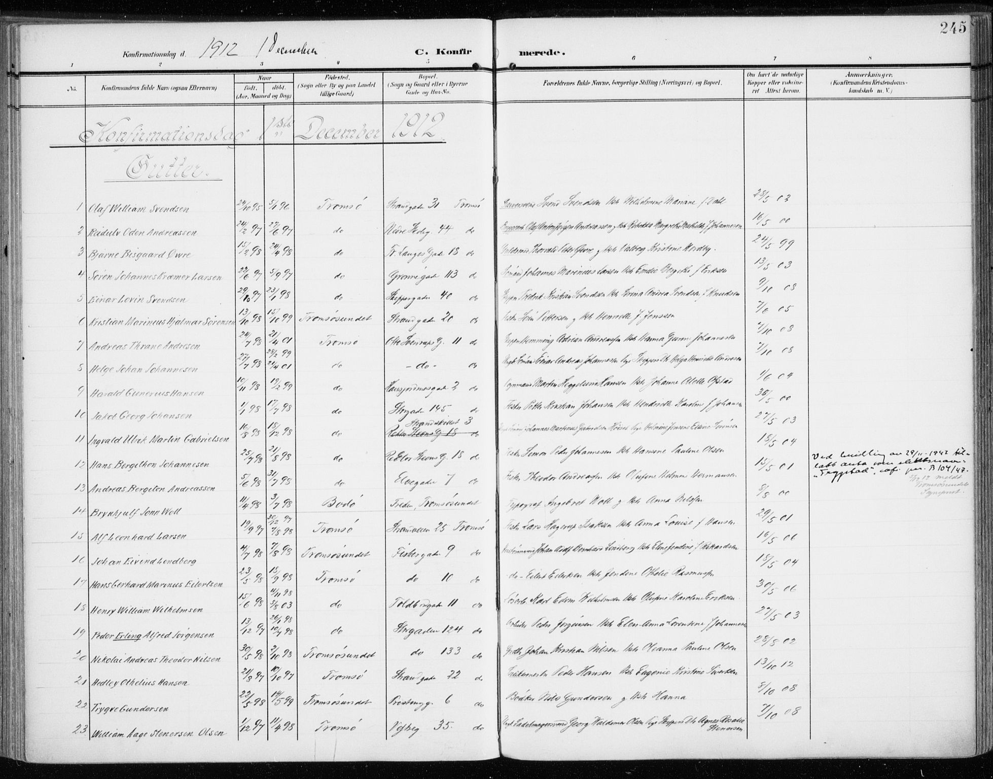 Tromsø sokneprestkontor/stiftsprosti/domprosti, AV/SATØ-S-1343/G/Ga/L0017kirke: Parish register (official) no. 17, 1907-1917, p. 245