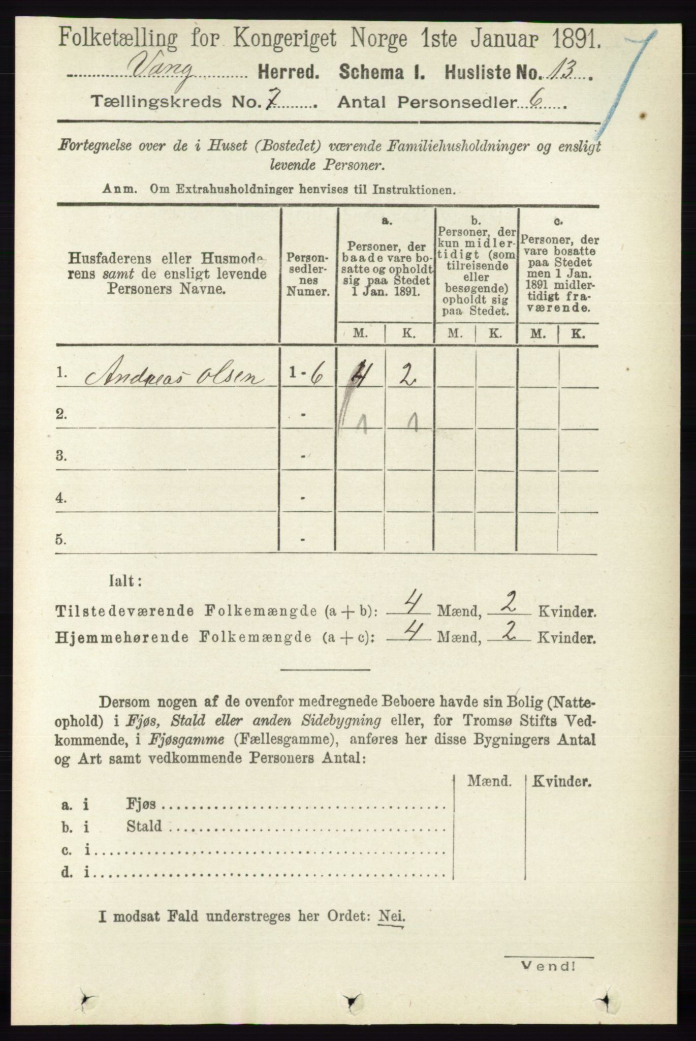 RA, 1891 census for 0414 Vang, 1891, p. 4932